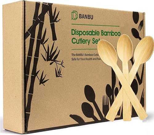 Utensilios desechables de bambú, 200 cucharas de bambú para comer, 100% compostables, ecológicos, biodegradables, renovables, cubiertos naturales de