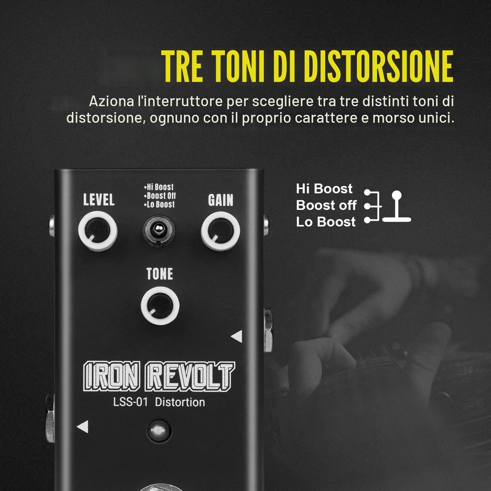 Pedale di distorsione per chitarra - Circuito completamente analogico con 3 toni di distorsione, True Bypass, dimensioni compatte per chitarristi IRON REVOLT (Distortion)