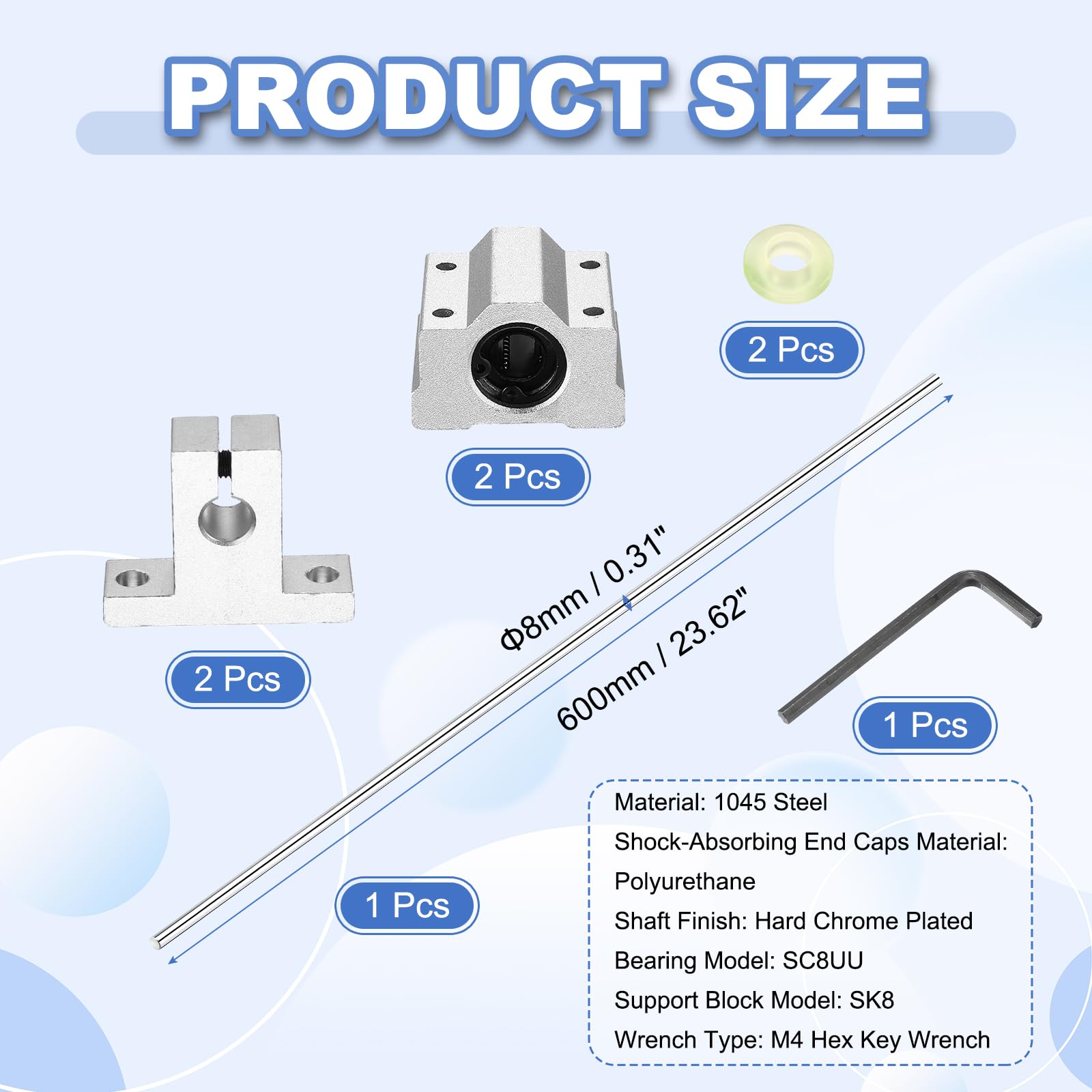 QUARKZMAN Varilla Guía De Movimiento Lineal De 8 Mm X 600 Mm Con 2 Rodamientos De Bolas SC8UU Y 2 Soportes De Carril De Aluminio SK8, Guías Lineales Cromadas Duraderas