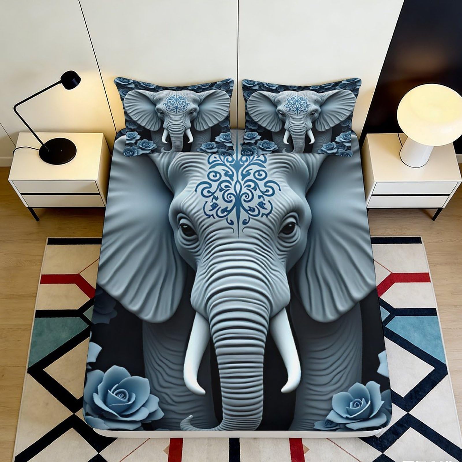 3D Printed Elephant Mandala Fitted Sheet Microfiber Soft Grey Floral Bed Cover for Bedroom Dorm Mattress Decoration 90x200x25cm