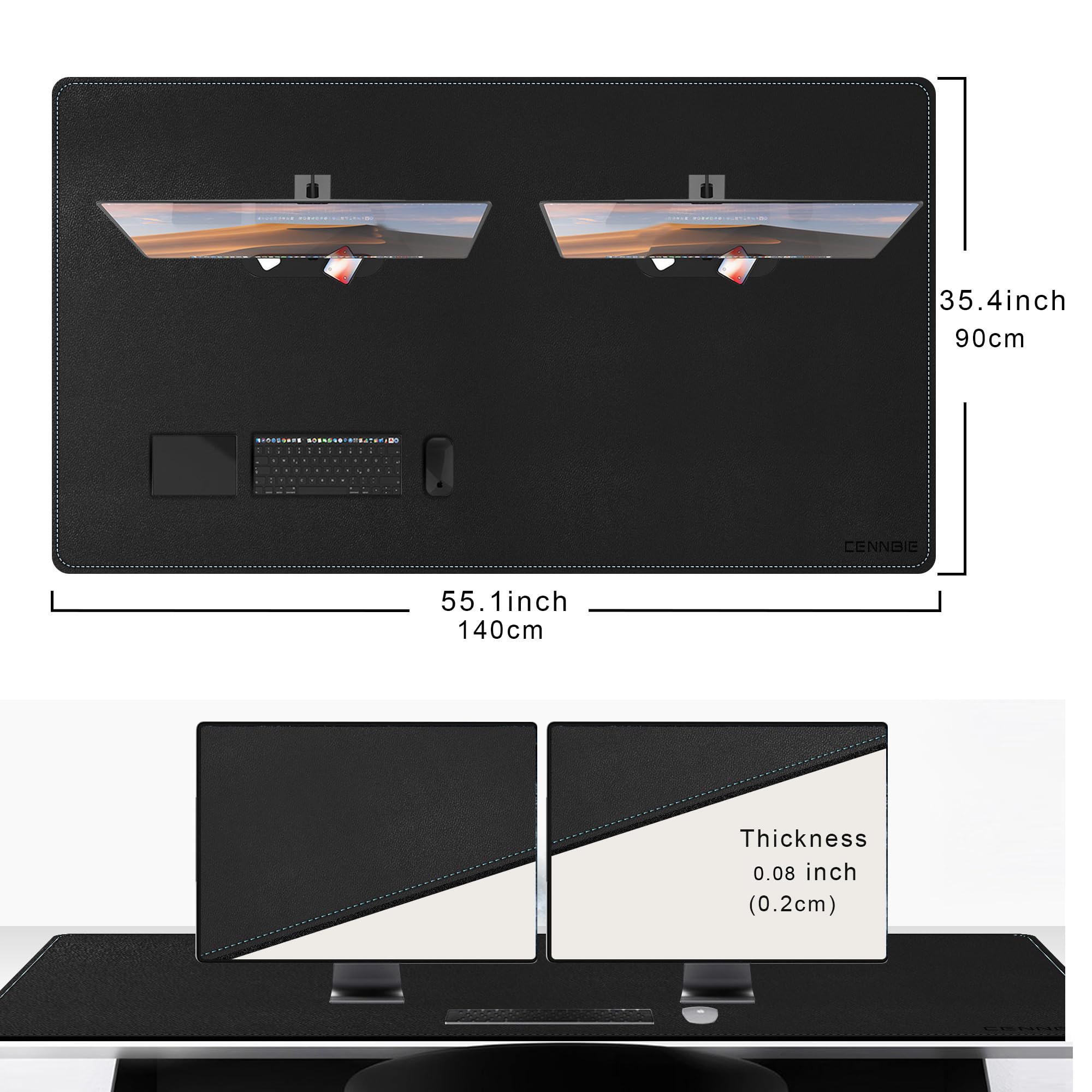 CENNBIE Tappetino da scrivania in pelle, 140 x 90 cm Tappetino per mouse, sottomano scrivania impermeabile in pelle PU per scrivania, ufficio e casa (Nero)