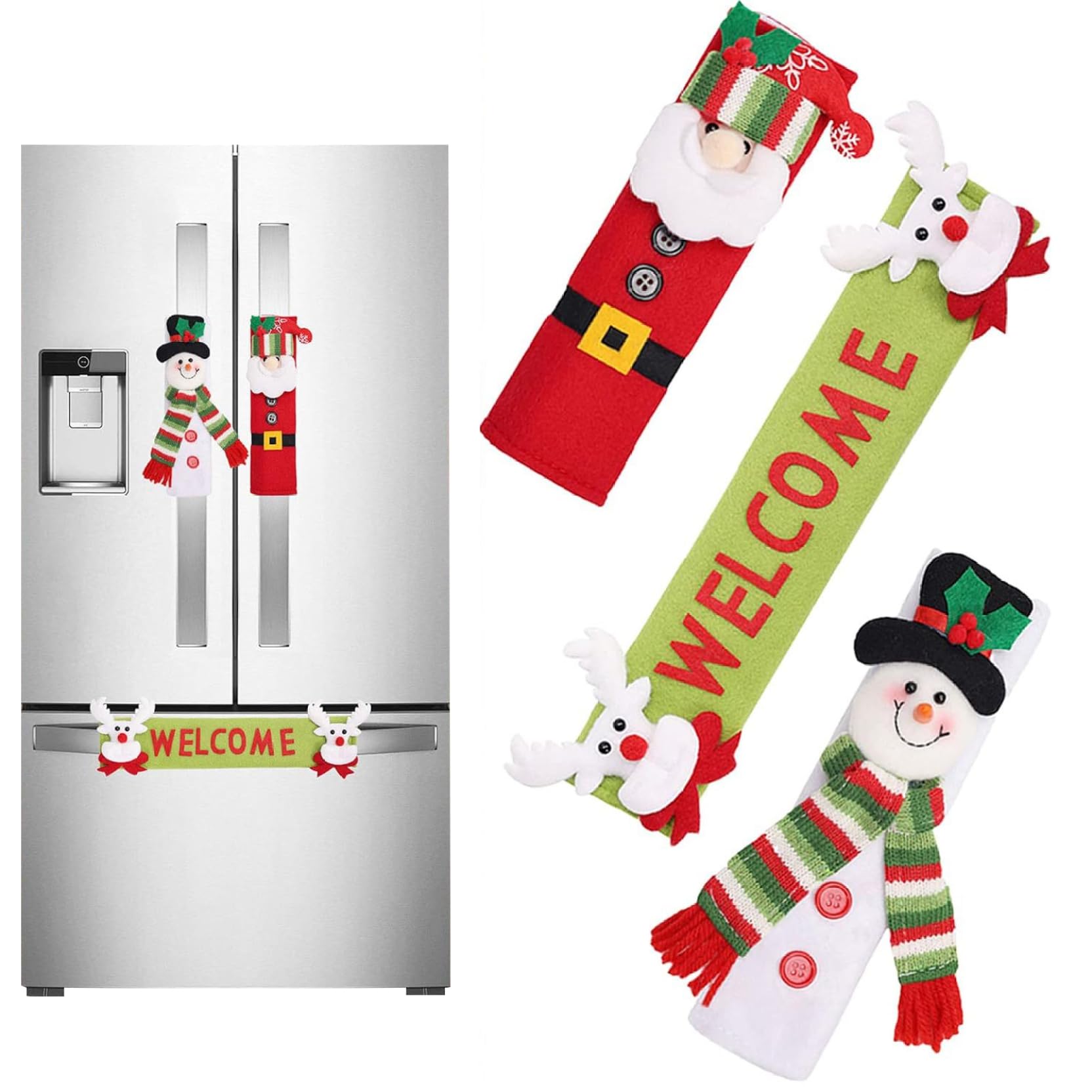 Cakeeyum 1 Set 3Pcs/Set Fridge Door Handle Cover Santa Elk & Snowman Fridge Handle Covers Christmas Refrigerator Covers Protector For Microwave Oven Dishwasher Kitchen Decor Door Cove