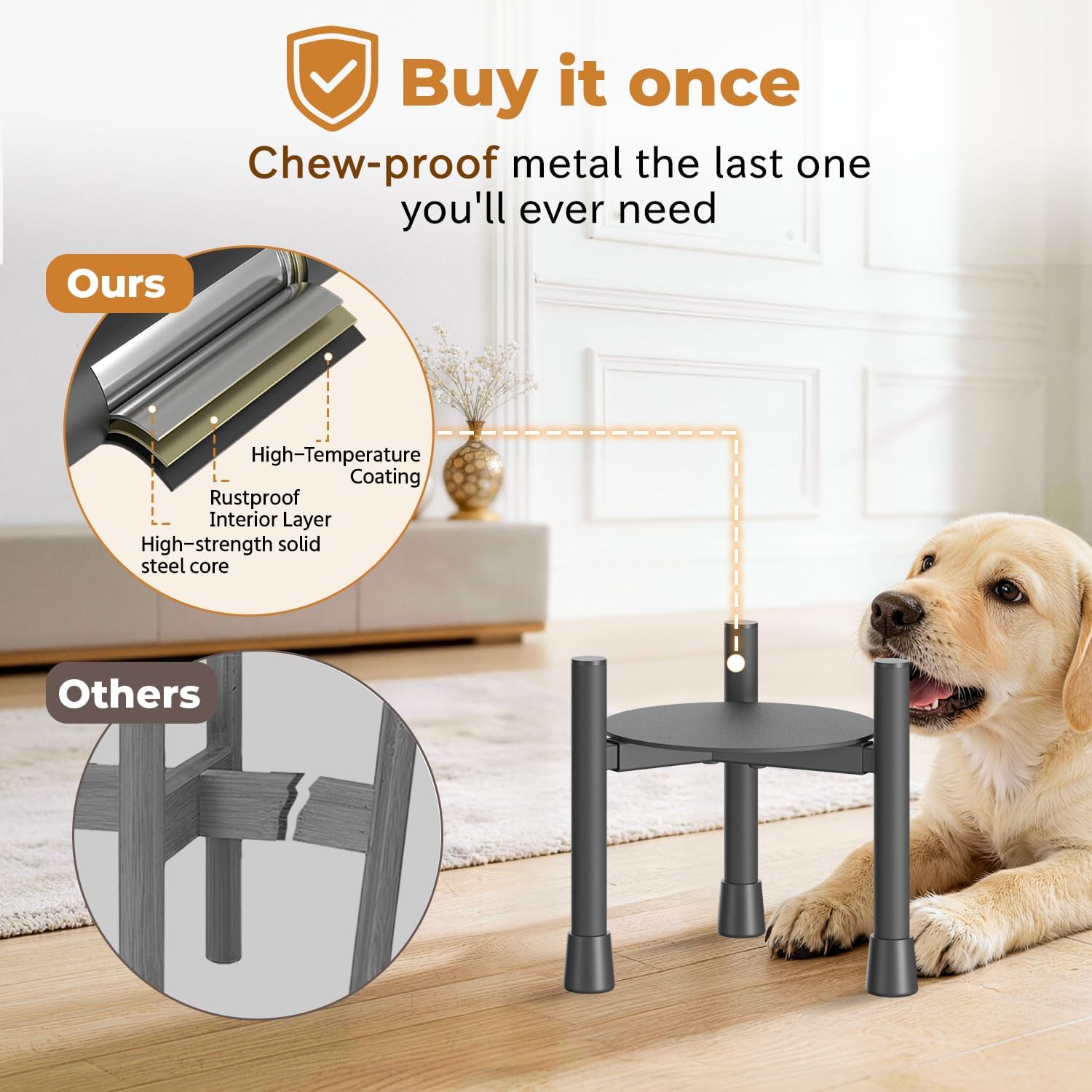 Oppro Single Elevated Dog Bowl Stand for Small Medium Breed, Adjustable Width 6-10in, 10in Tall Non-Slip Metal Raised Puppy Food Feeder Water Holder, Fits Various Size Ceramic Stainless Steel Pet Bowl