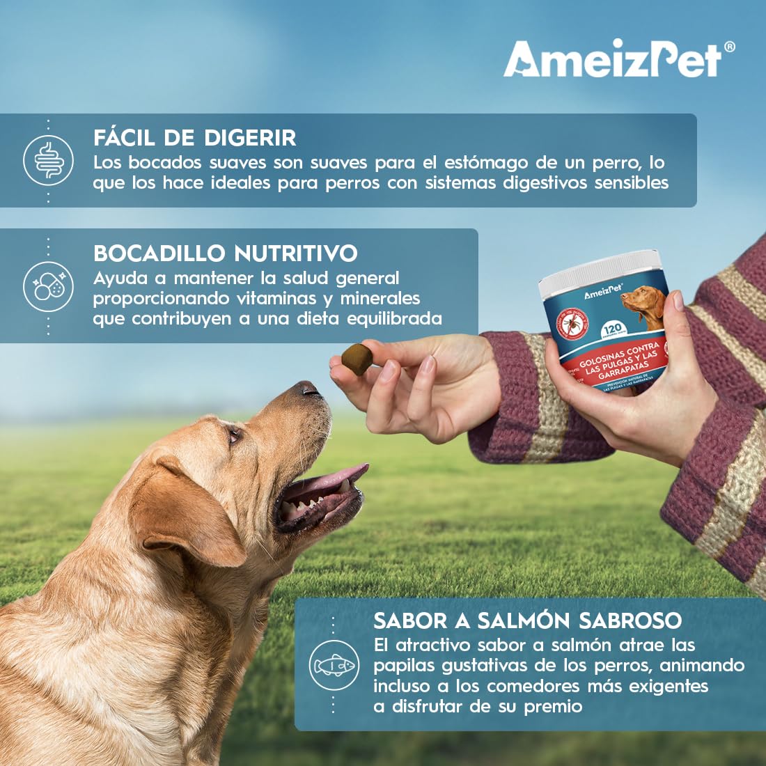 AmeizPet Pastillas Pulgas Y Garrapatas Perros, Antipulci per Cani, Pastillas para Perro Pulgas Y Garrapatas para Cachorros Y Perros Adultos, Enzimas Digestivas, 120 Chuches Caninas, 270g (9.5 Oz)