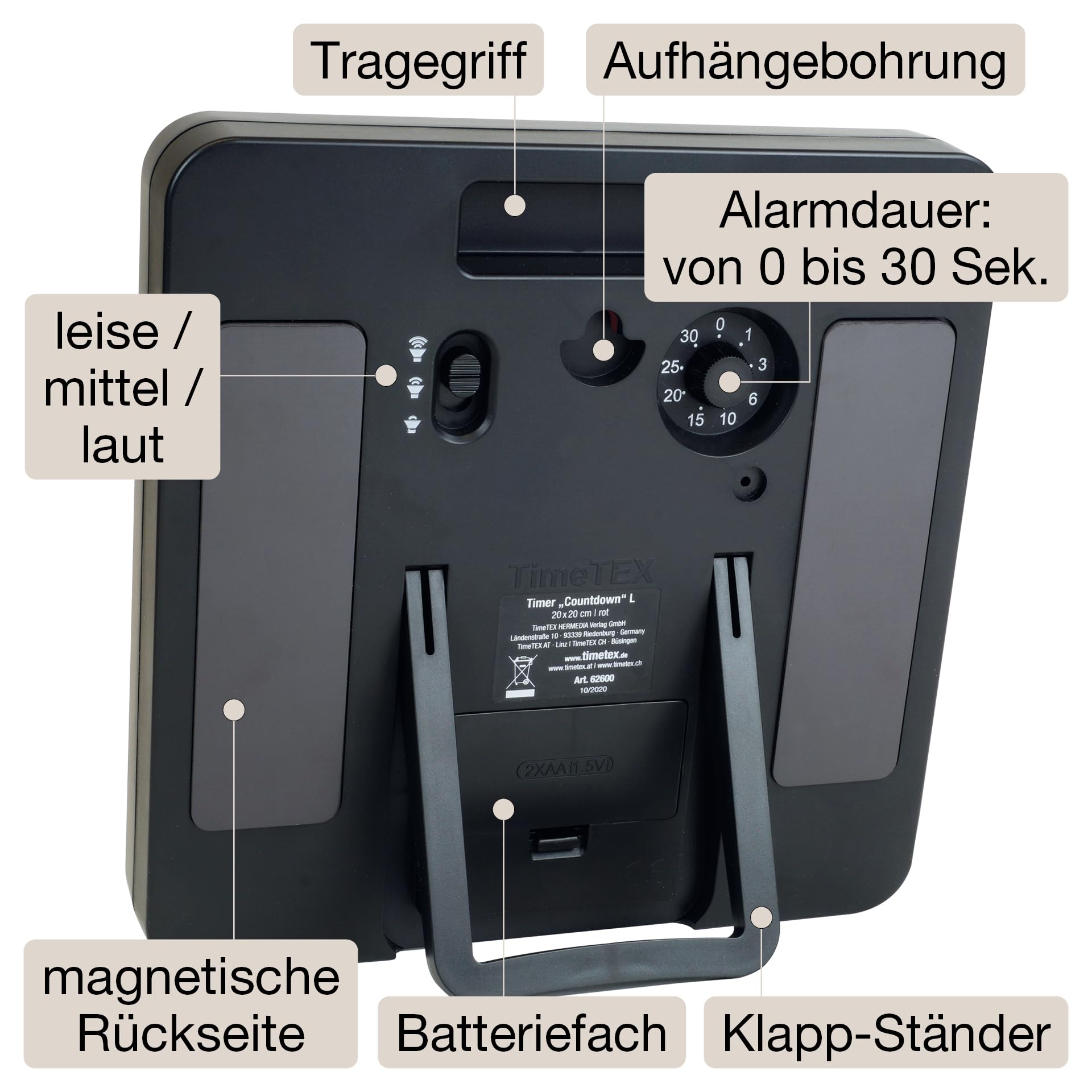 TimeTEX - Timer "conto alla rovescia" L con disco semaforo | Timer preciso per misurazioni del tempo versatili con funzioni pratiche | Contenuto: timer a batteria in nero (dimensioni: circa 20 x 20