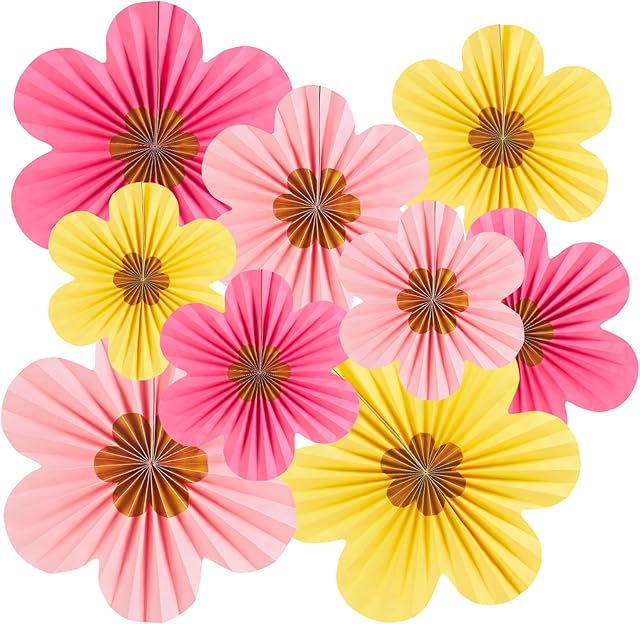 SUNBEAUTY 9 sztuk papierowych wachlarzy, girlanda, dekoracja wisząca, różowe, żółte, złote, wachlarze papierowe, dekoracja na imprezę, wesele, urodziny, dekoracja na lato, dekoracja stołu, baby shower