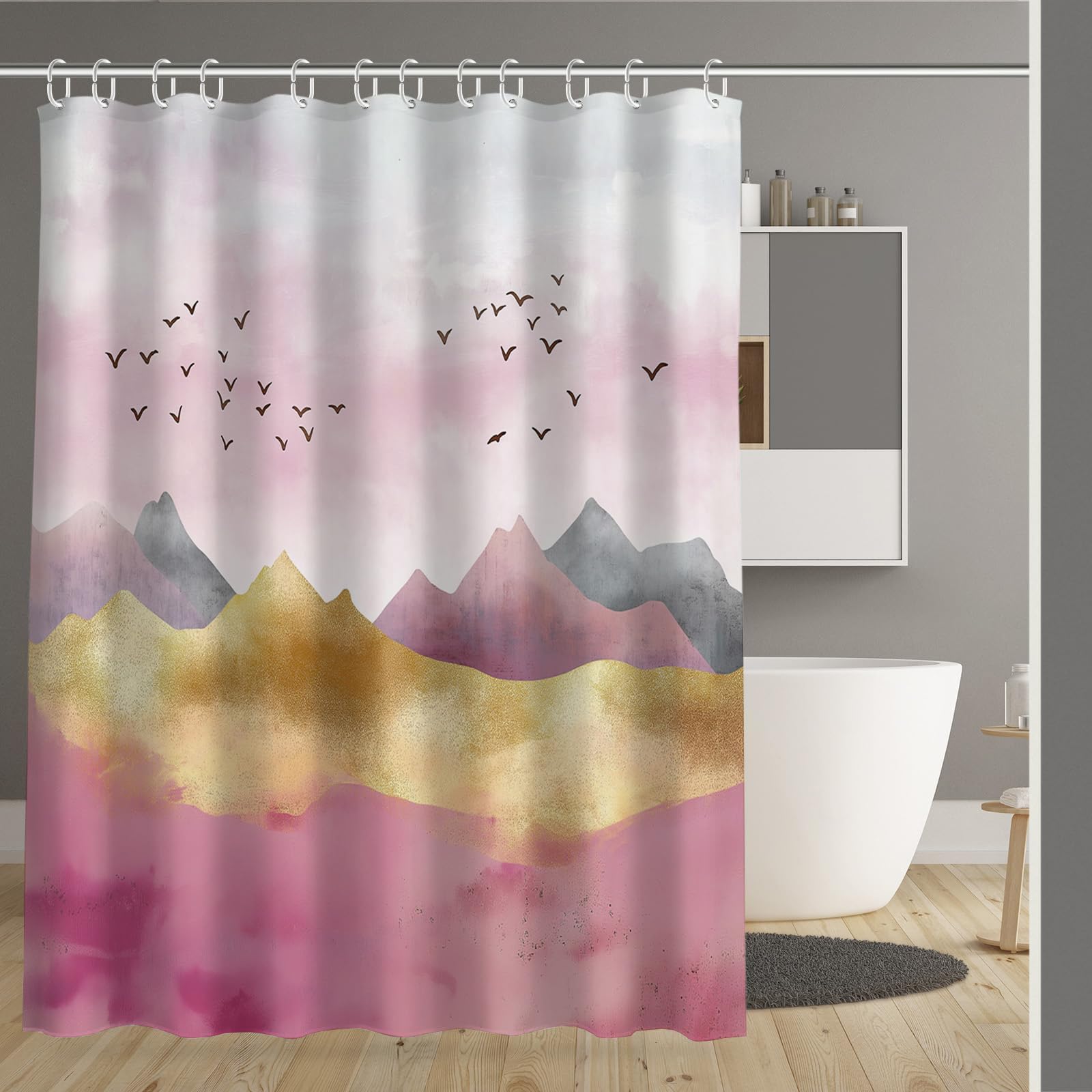 Rideau de douche 180x180cm en polyester rose avec 12 crochets