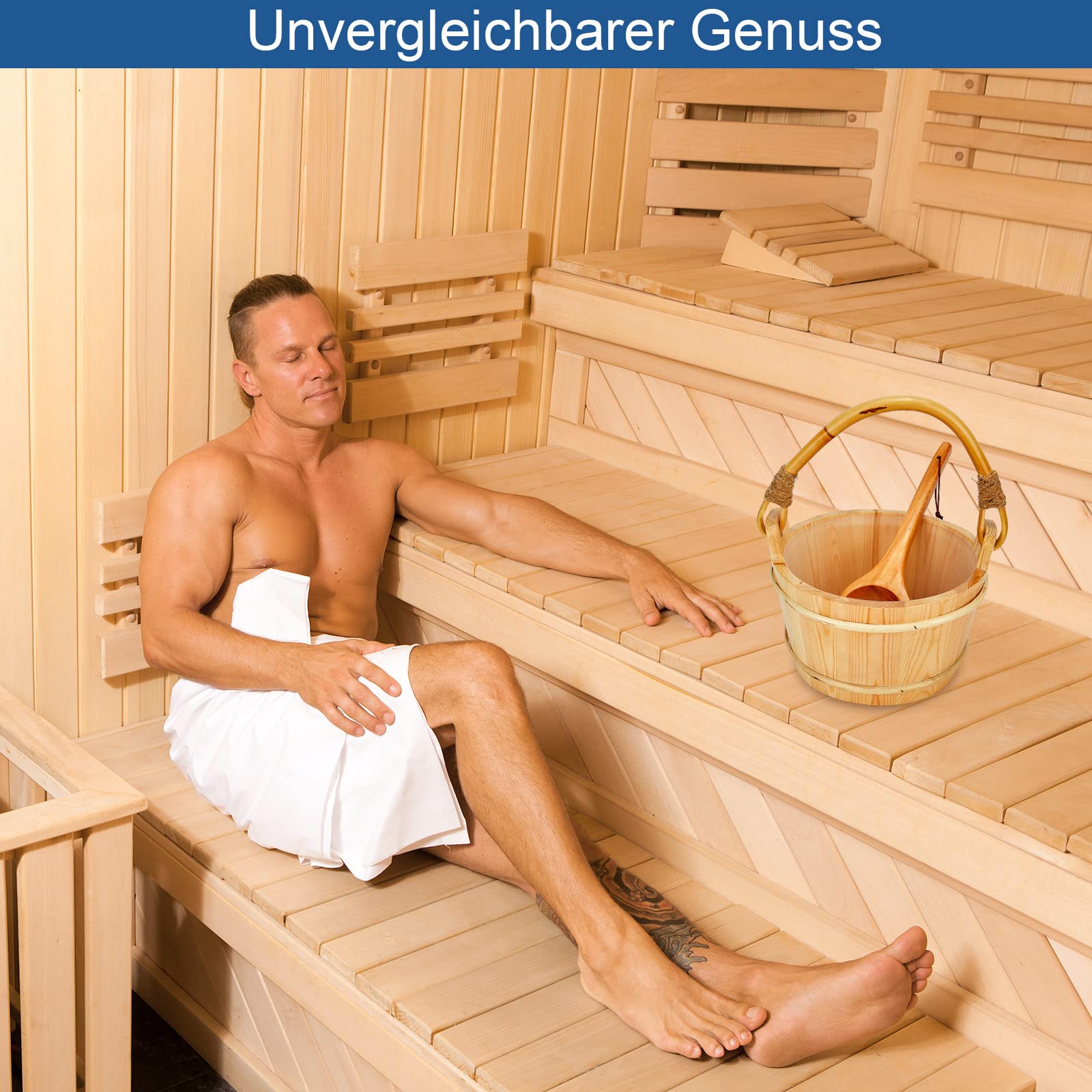 Seau en Bois pour Sauna Set avec Insert en PVC, Accessoires de Sauna de Haute Qualité - avec Louche, Sablier, Thermo-hygromètre - 4 Litres