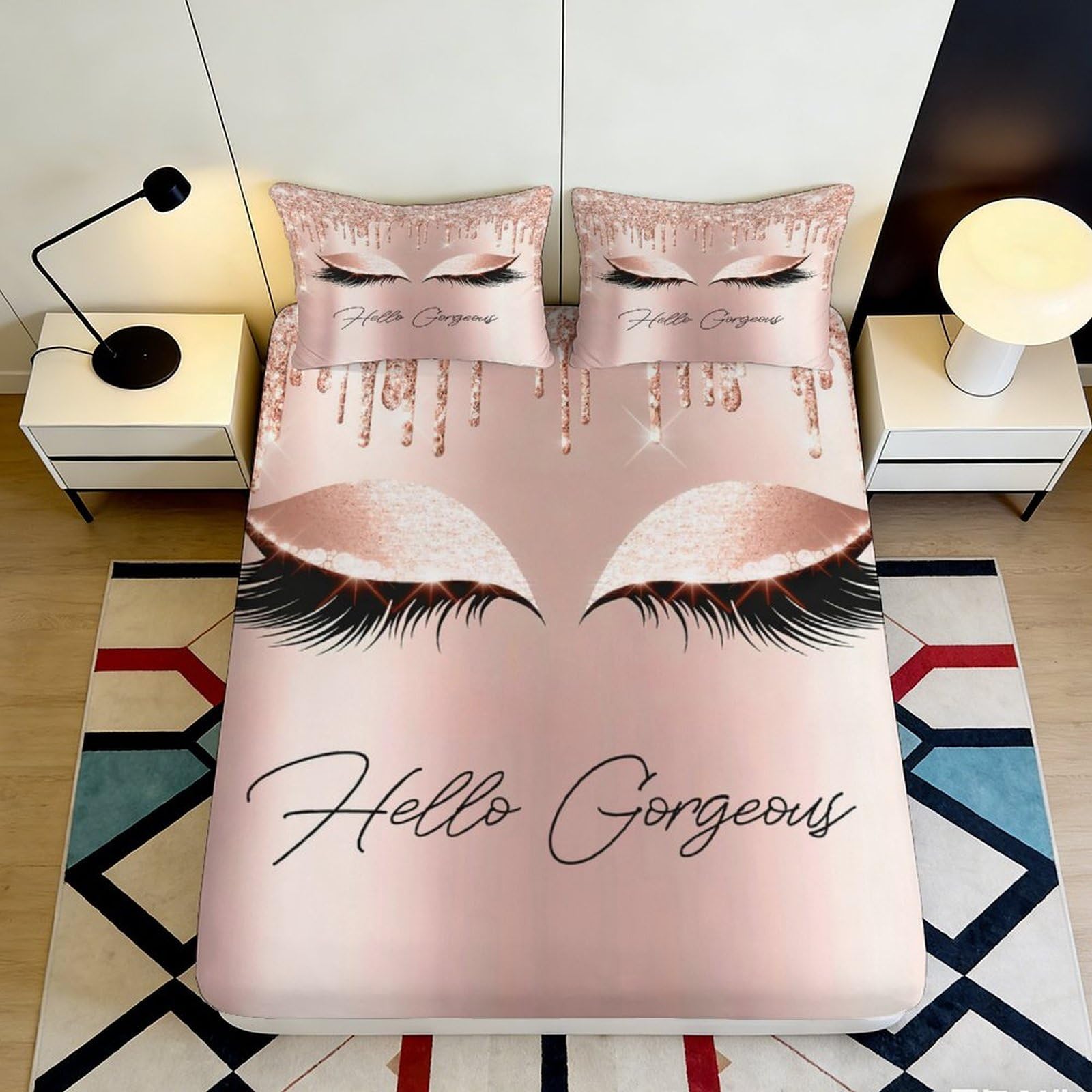 Pnayamiorkfel Style-9 3D Printed Rose Gold Eyelash Fitted Sheet Microfiber Bedroom Decor Hello Gorgeous Bed Cover Anti-Slip Machine Washable 90X200x25cm