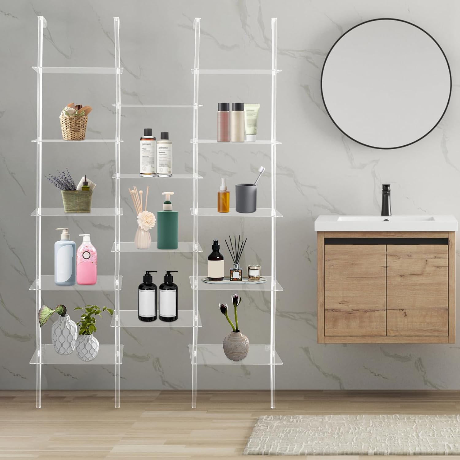 Acrylic Bookshelf, 5-Tier Clear Ladder Bookshelf with 14 Open Shelves, Wall Mounted Modern Book Shelf for Living Room, Bathroom, Office, 43.5x9.44x72.83 inch (14 Open Shelves)