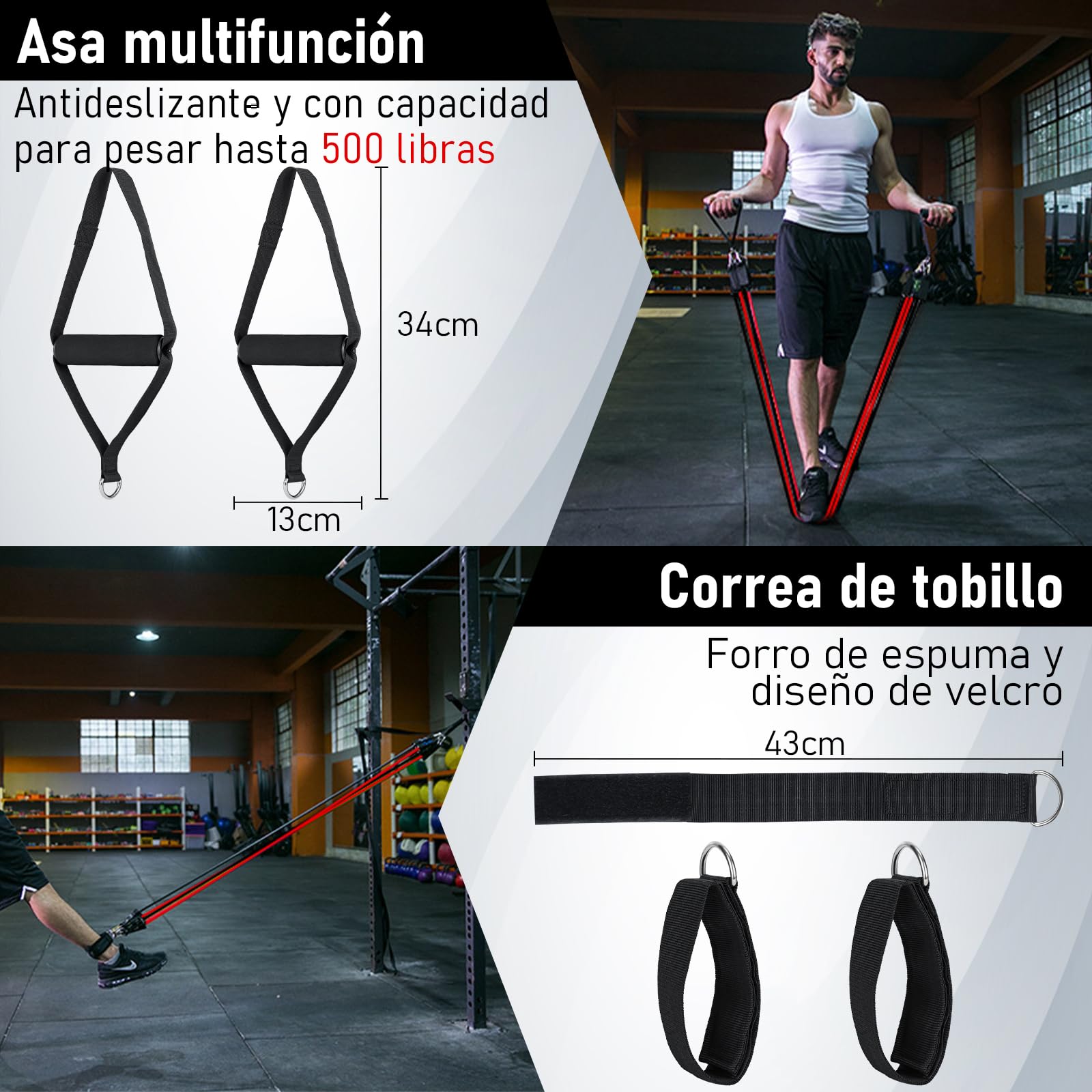 8 Gomas Elasticas Musculación (20/30/40/50lbs) con Barra de Pilates, Ruedas Abdominales, Anclaje para Puerta, Correas para Tobillos, Mango, Kit Pilates para Fitness en Casa, Gym