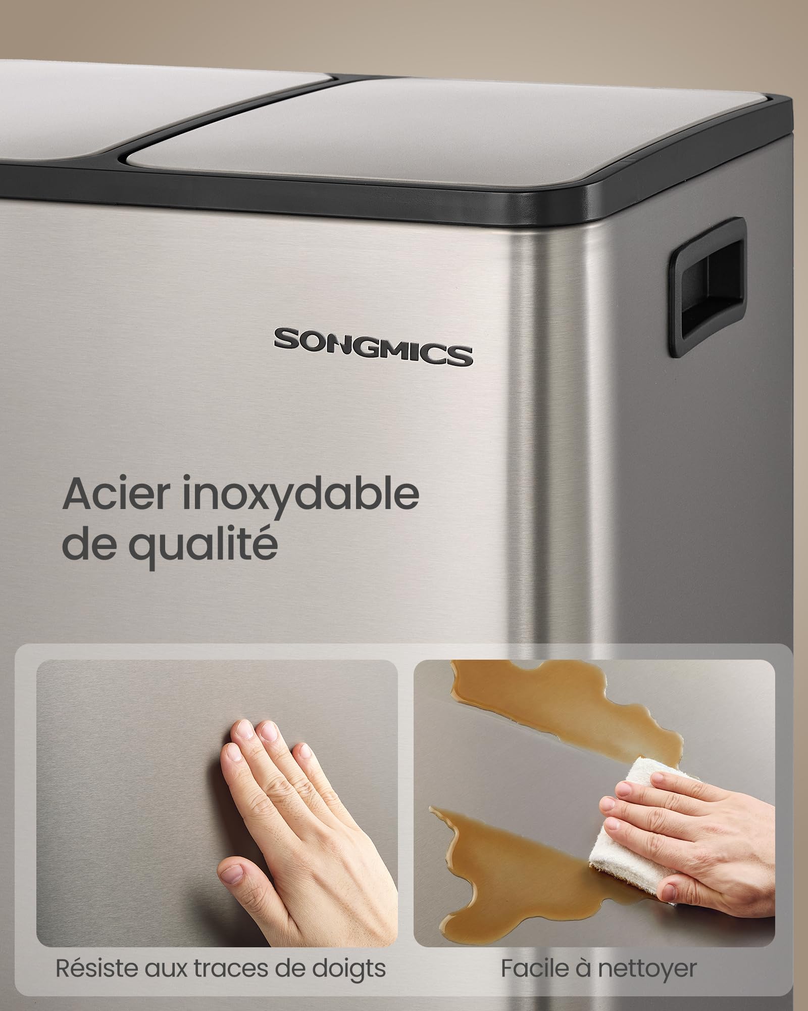 SONGMICS Poubelle de Cuisine 2 x 15 L, Corbeille de Tri 2 Compartiments, avec 15 Sacs Poubelle, Seaux Amovibles, avec Couvercle, Poignées, Fermeture en Douceur, en Acier Inoxydable, Argent LTB130EZ01