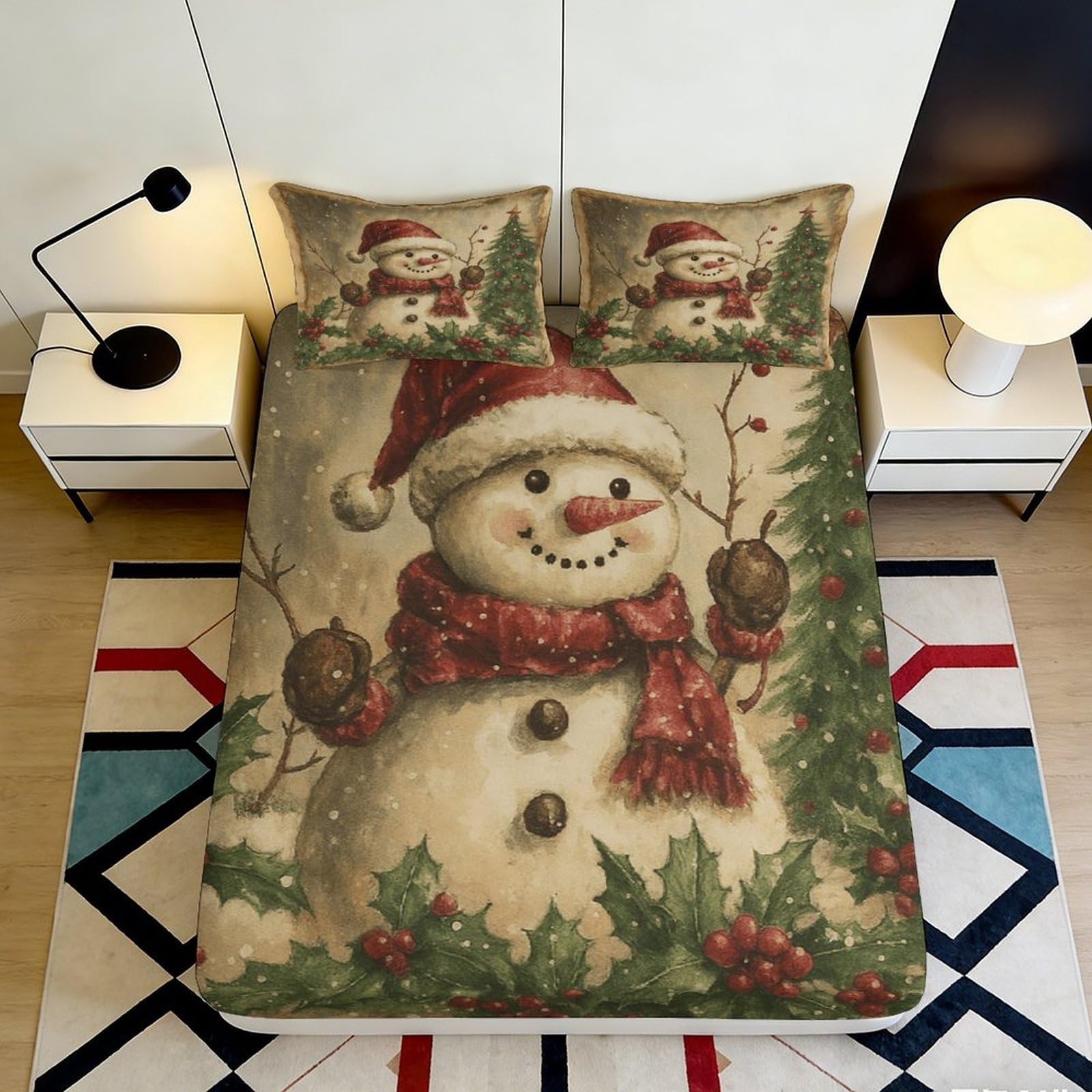3D Printed Christmas Snowman Fitted Sheet Microfiber Soft Durable Winter Bed Cover for Bedroom Dormitory Guest Room Mattress Protection 160x200x25cm
