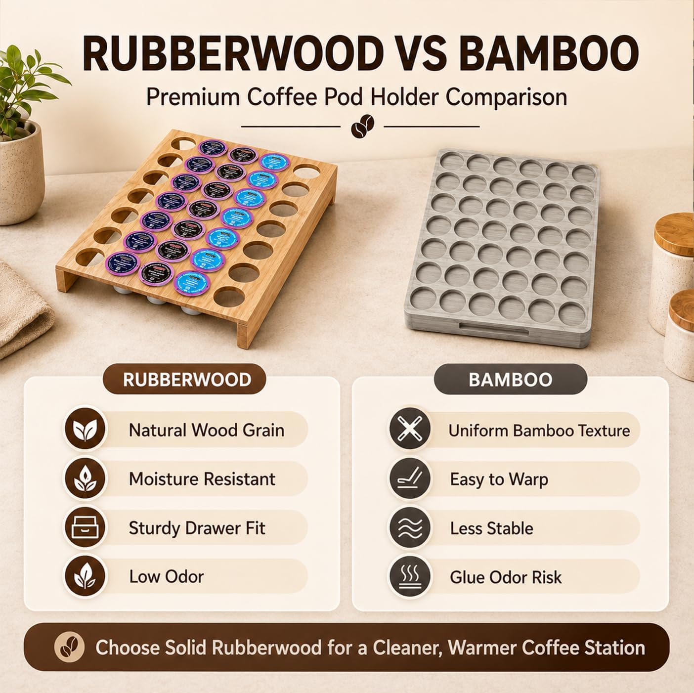 Wood K Cup Drawer Organizer, Coffee Pod Holder, 35 Pods