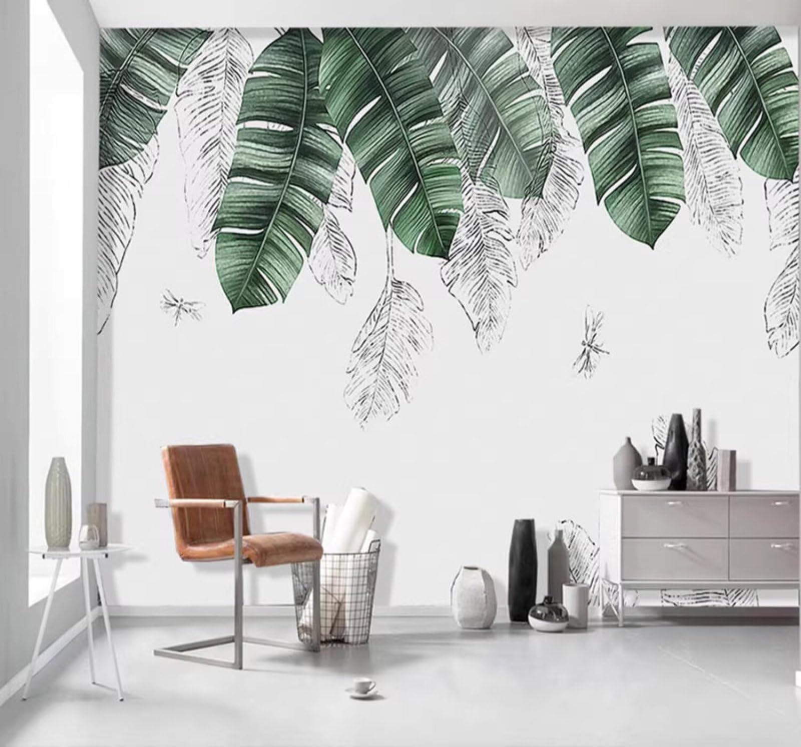 Minimalist Hand Drawn Green Plants Banana Leaves 3D Wallpaper Easy Install Feature Office Living Room Sofa Bedroom TV Background Wall Decoration-400cm×280cm