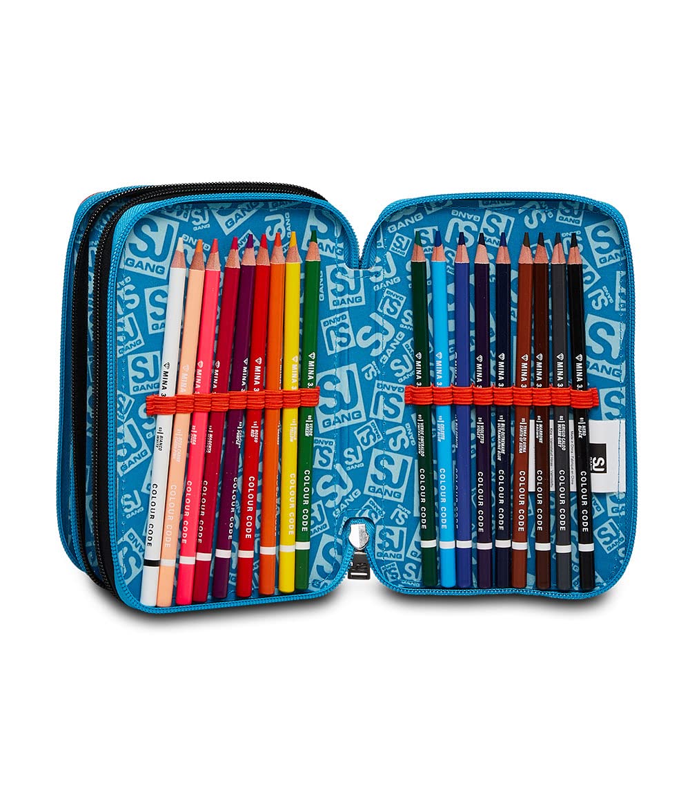SJ Federmäppchen, Mäppchen, mehrfarbig, Federtasche für Schreibwaren, Etui mit Stiften, Kugelschreiber, & mehr, 3 Fächer, Mädchen & Jungen, Schule - Grundschule, XXL, blau