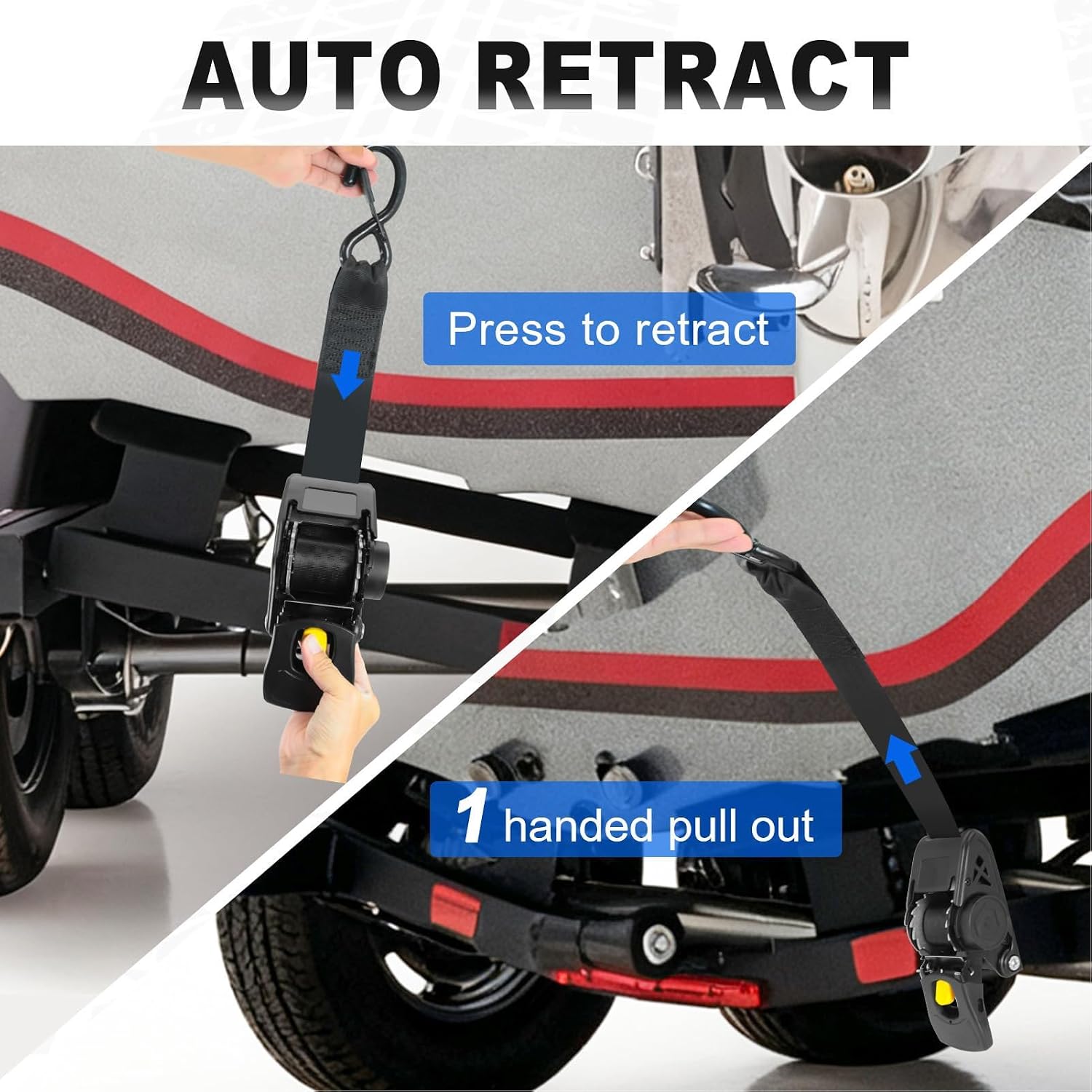 Fafeicy Retractable Boat Ratchet Straps 2200lb Break Strength Heavy Duty Tie Down Straps with Safety Locking Device for Boat Trailers Jet Skis Outdoor Transport