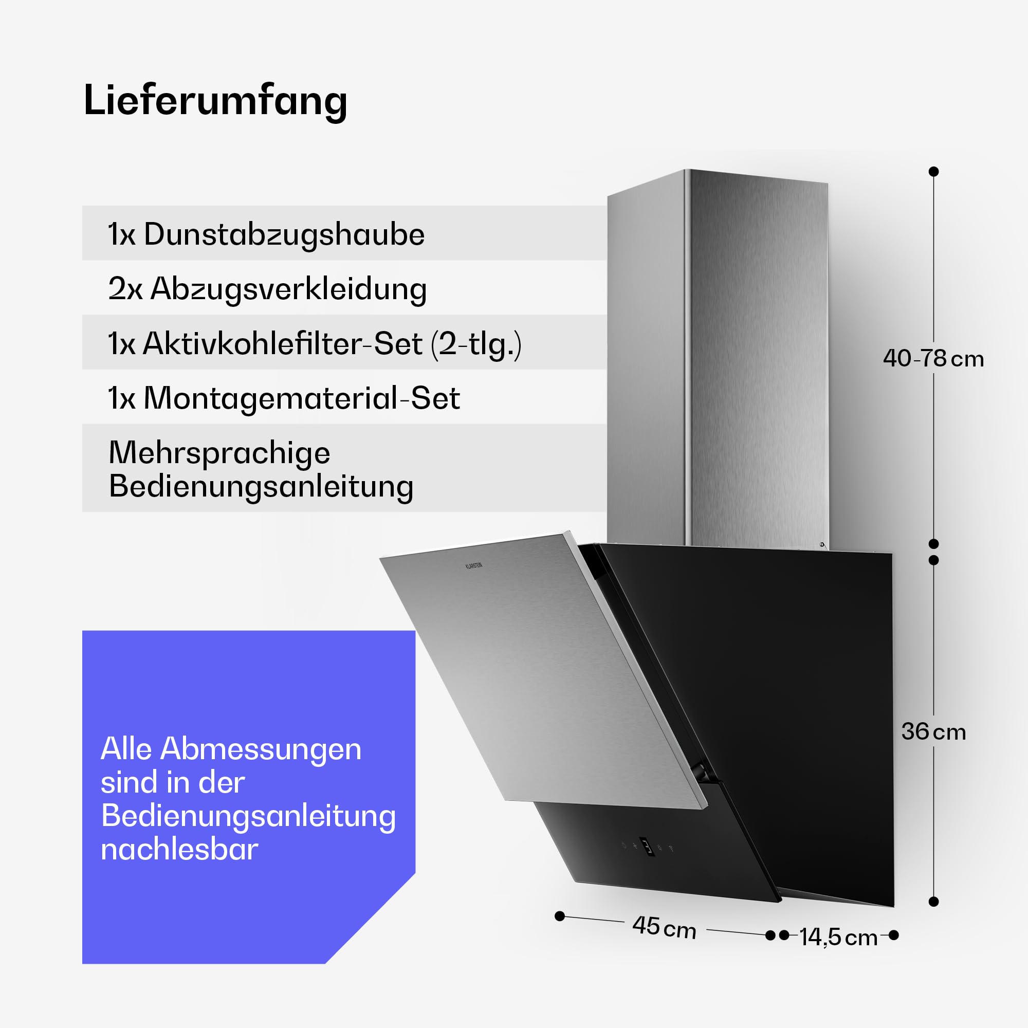 Klarstein Verosteel Dunstabzugshaube 45 cm 624 m³/h A++ Energie Touch LED Edelstahl Glas Abzugshaube Küche