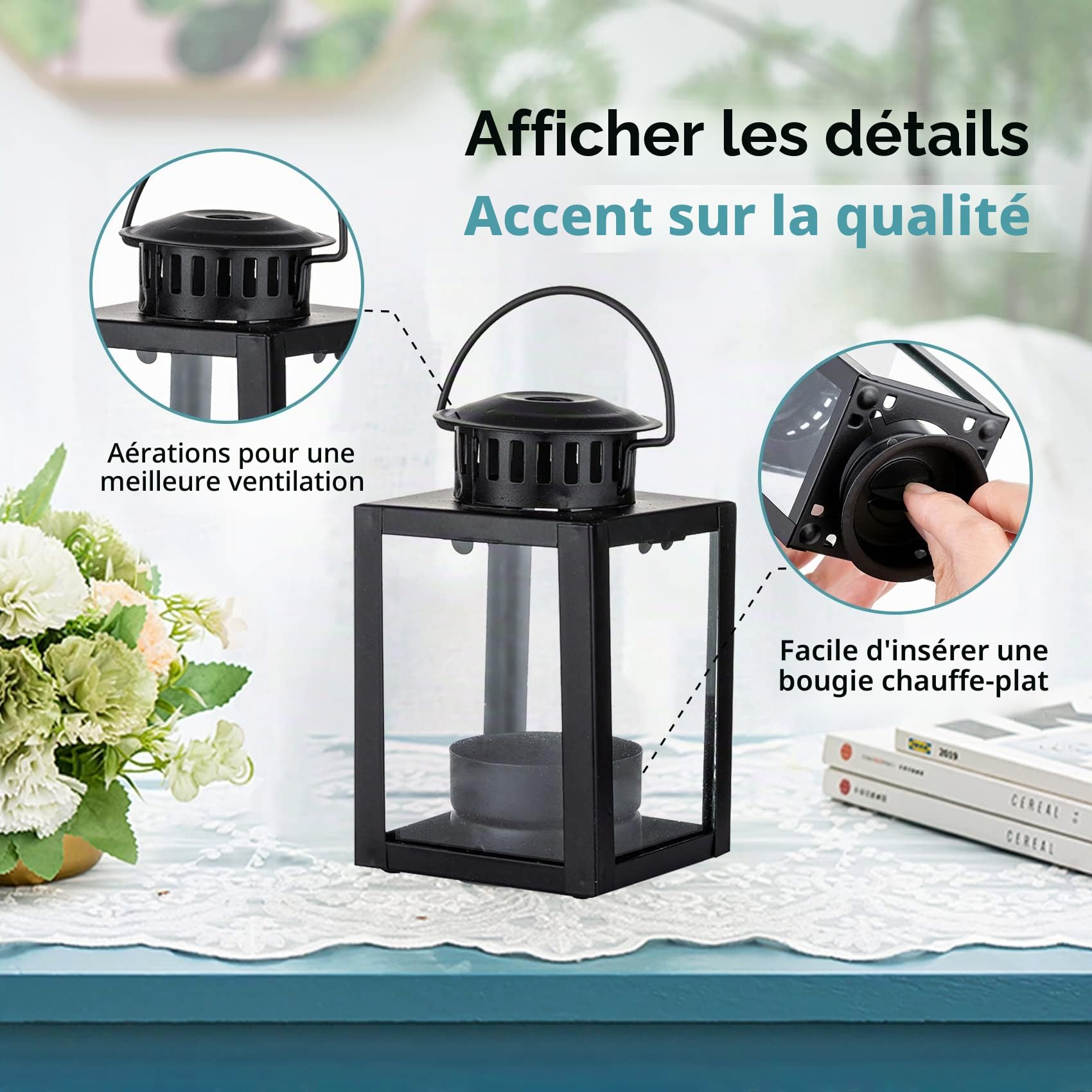 Nuptio Lanternes pour Bougies Lanternes de Jardin, Suspendues Petites Lanternes pour Bougie Chauffe-Plat, Bougeoirs Bougie Noire pour Les Événement de Plein Air en Intérieur(5 Pièces + 1 Pièce)