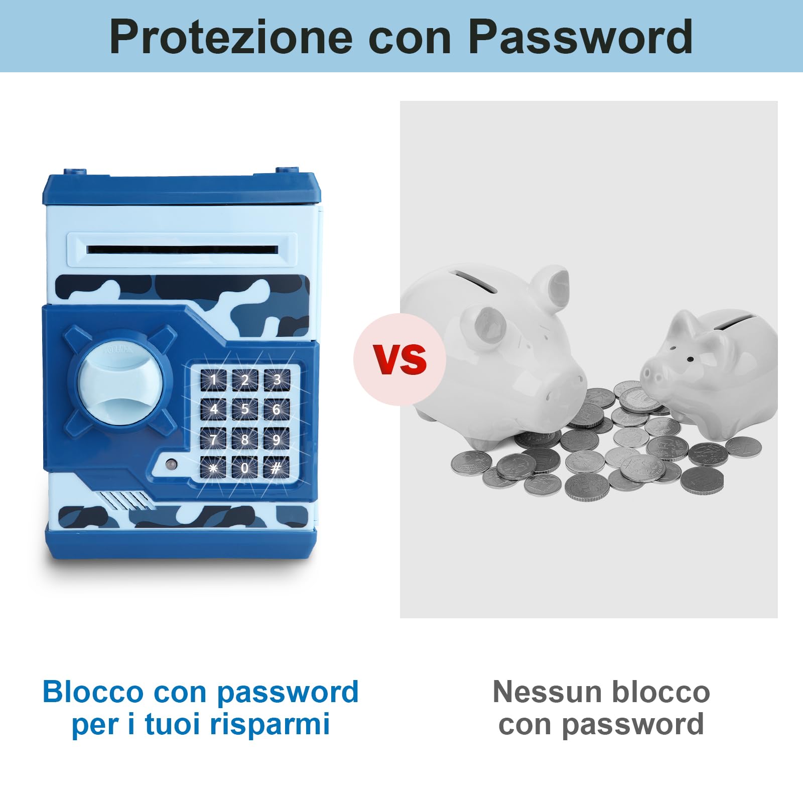 Pup Go Salvadanaio Elettronico ATM per Bambini 3-12 Anni, Regalo Natale per Ragazzi, Cassaforte con Codice per Monete & Banconote, BancoMat Giocattolo con Ricevuta Automatica (Blu)