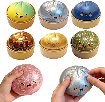 Cute Glitter Bao Bun Squishys Stress Toy, Slow Rising Squeeze Fidget Ball with Mini Steamer Basket, Kawaiii Food Shaped Sensory Relief Toy for Kids Party Favor Desk Decor Gift Brown