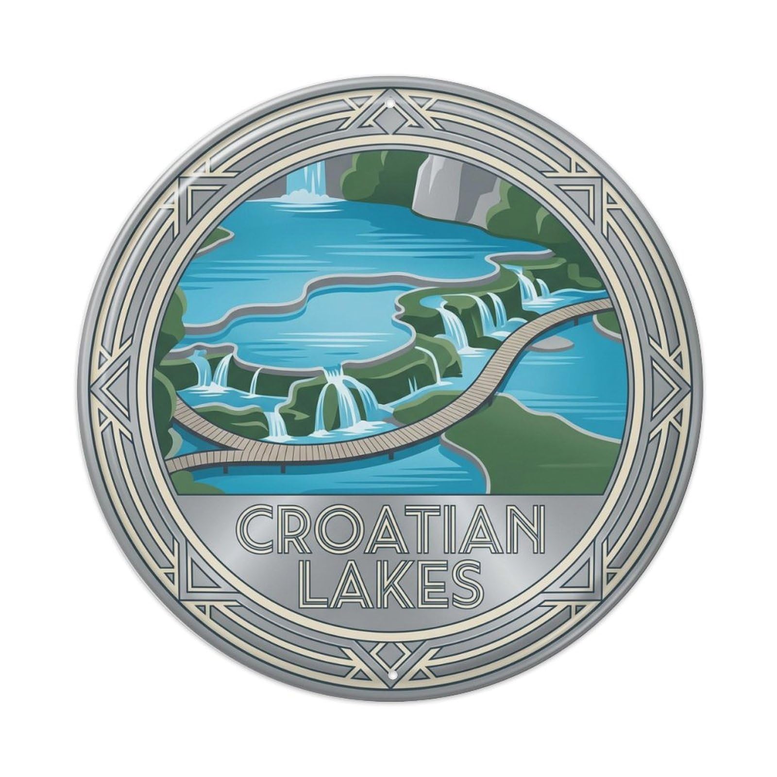 Vintage Travel Croatian Lakes Paradise Metal Tin Sign Plaque Wall Decor for Cafe, Club, Garden Round Metal Poster 8x8Inch
