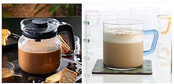 Borosil Carafe Flame Proof Glass Kettle with Stainer, 1L & Vision Tea N Coffee Glass Mug Set of 6 - Microwave Safe, Blue Handle, 190 ml Combo