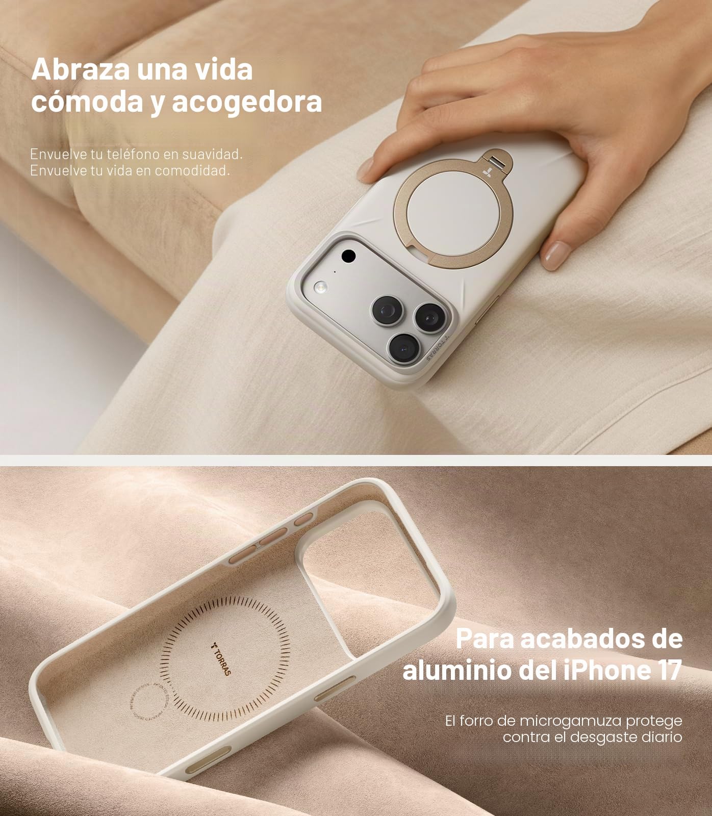 TORRAS Ostand Q3 - Carcasa de silicona para iPhone 17 Pro Max, color blanco | Soporte magnético de silicona líquida de 360°, protección contra caídas, protector de botón de cámara