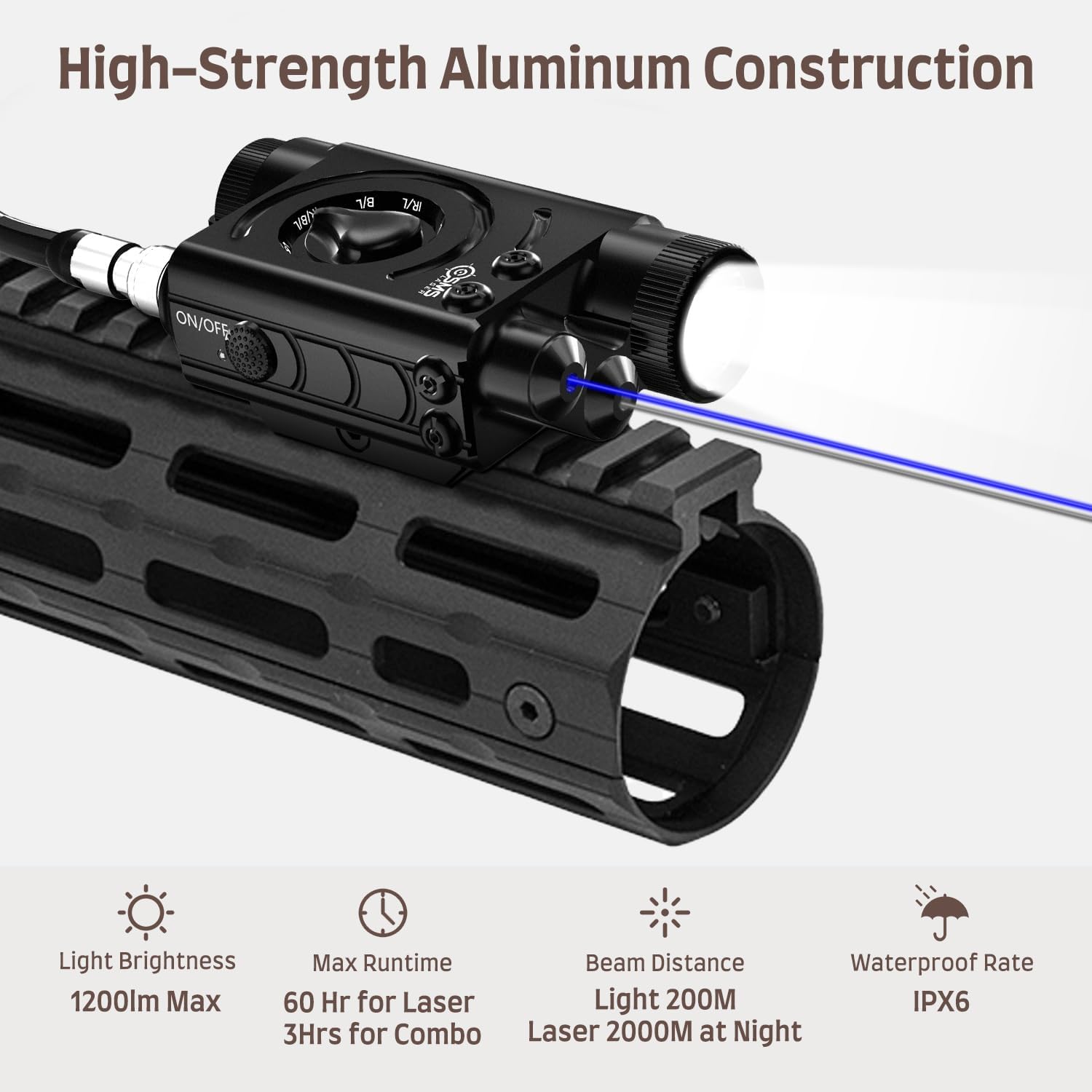 SMSlaser Upgraded Red/Green/Blue/Purple Laser Sight + Infrared(IR) Laser Beam + 1200 Lumens Tactical Flashlight with Rechargeable Battery, Including Battery Charger and Remote Control Switch