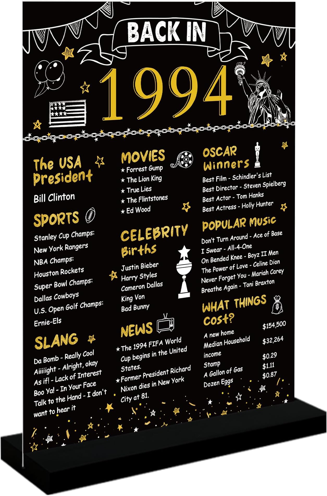 DARUNAXY Black Gold 30th Birthday Gift for Men, Back in 1994 Poster Acrylic Sign with Stand for Women One-sided 30 Years Old Party Decoration Vintage 1994 Party Supply 30th Class Reunion Decor