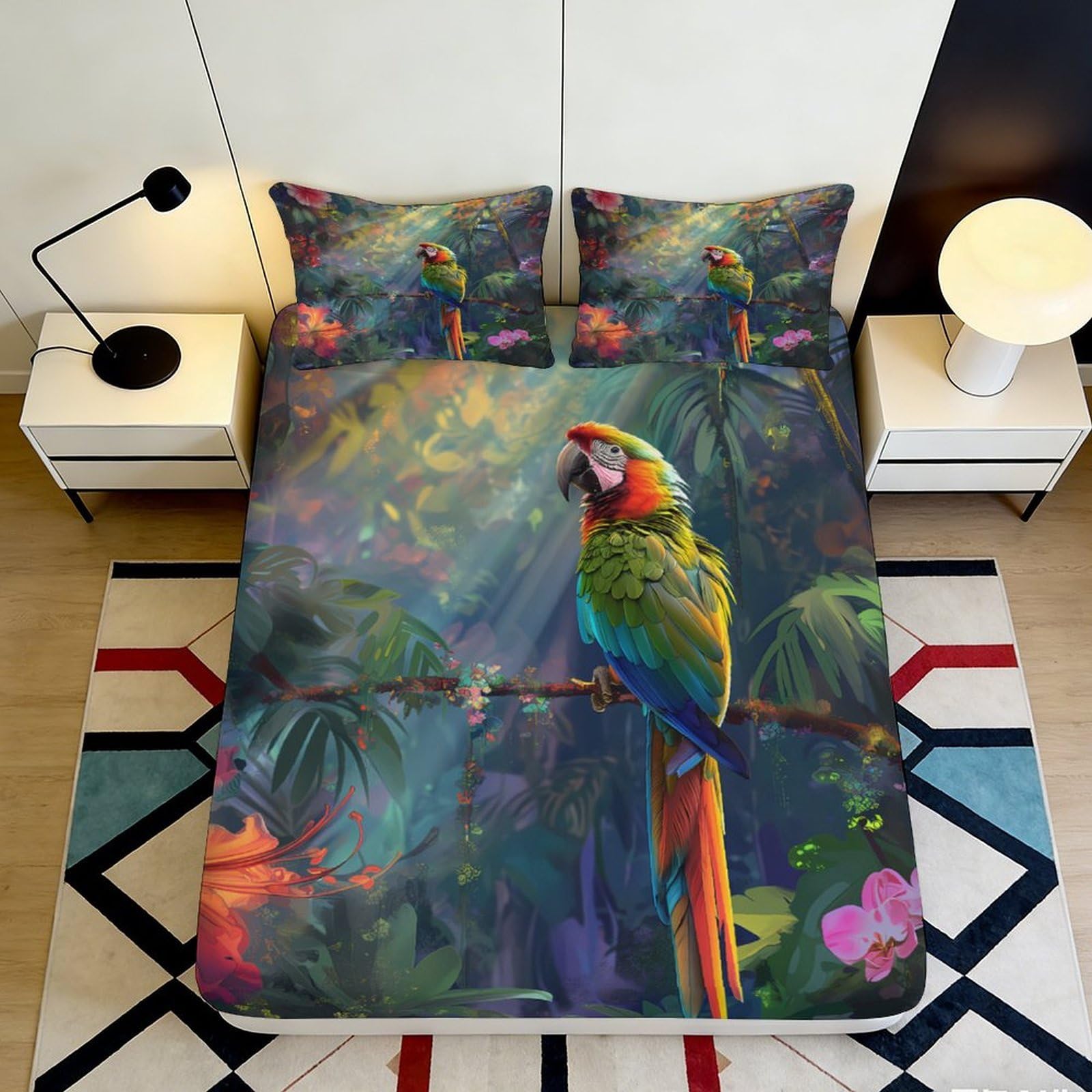 3D Printed Tropical Parrot Fitted Sheet Microfiber Soft Breathable Jungle Leaves Bed Cover for Bedroom Dormitory Guest Room Mattress Protection Decor 90x200x25cm