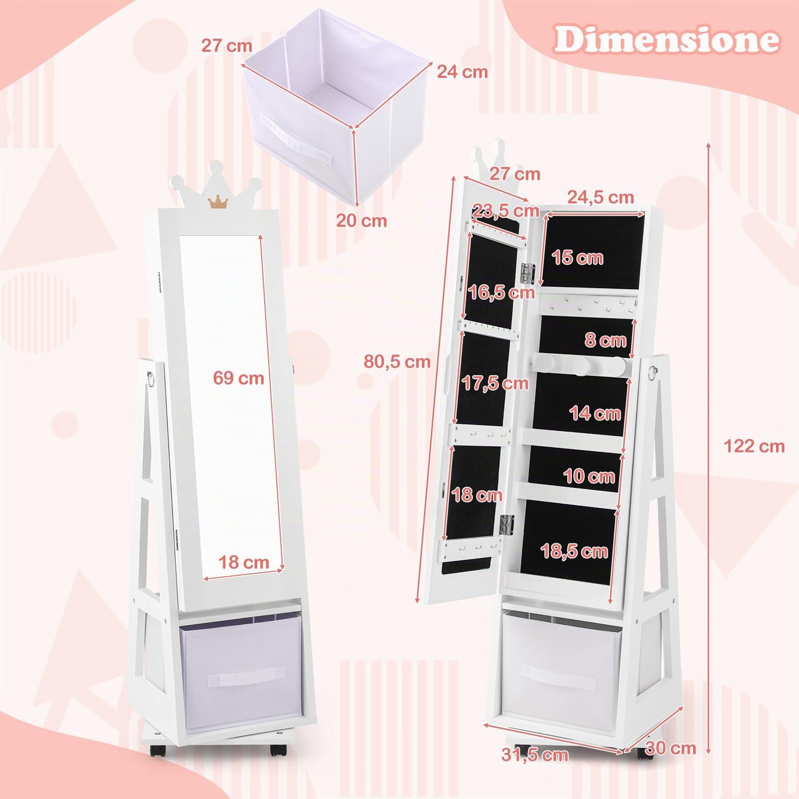 COSTWAY Specchio Portagioie da Terra a Figura Intera con Ruote Bloccabili | Armadietto Portagioielli Girevole Specchiera da Camera da Letto per Bambini 3+ Anni