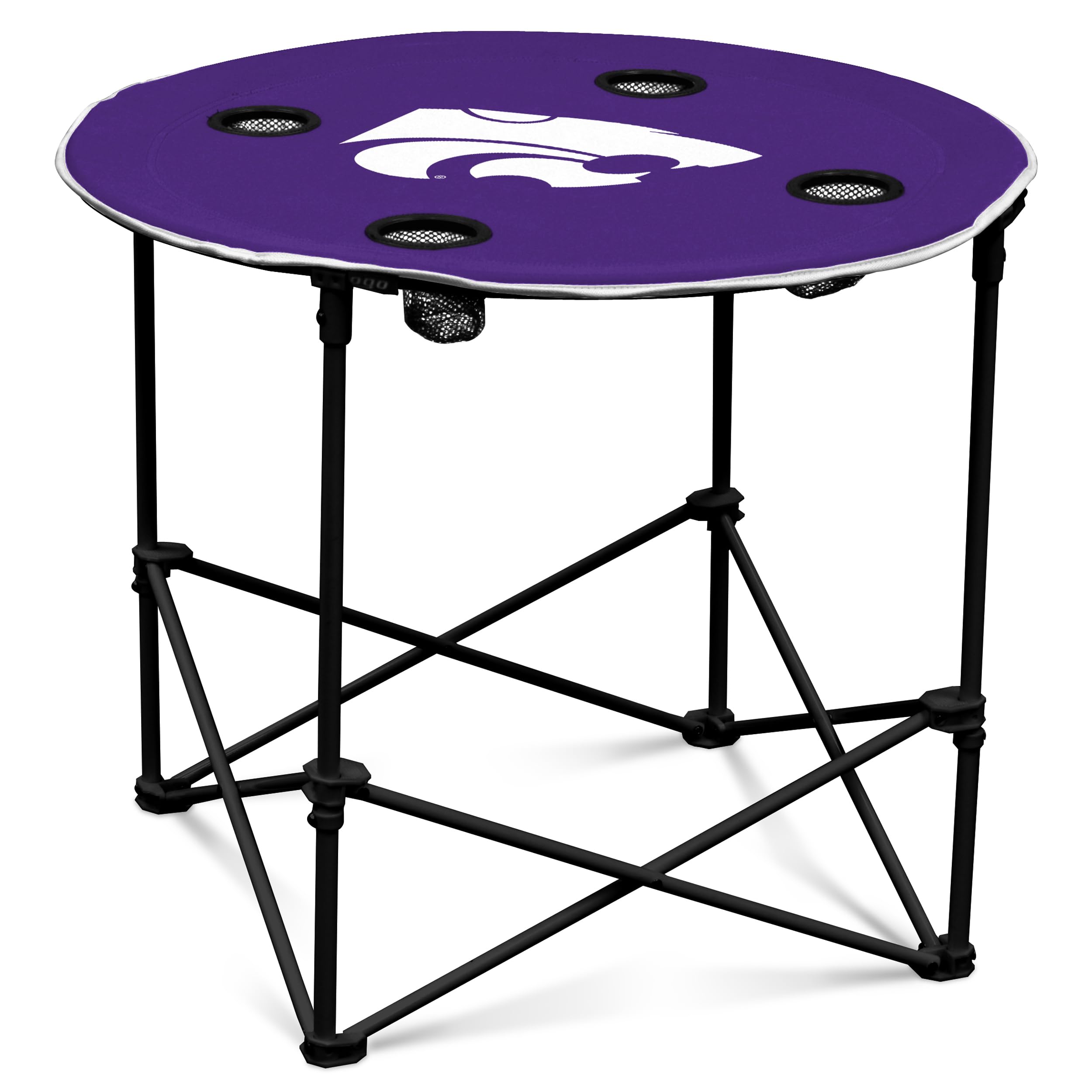 Logo Brands NCAA Kansas State Wildcats Round Tailgating Table – Portable with Foldable Legs, 4 Cup Holders, Powder-Coated Steel, and 27.6" Surface Diameter, Team Color