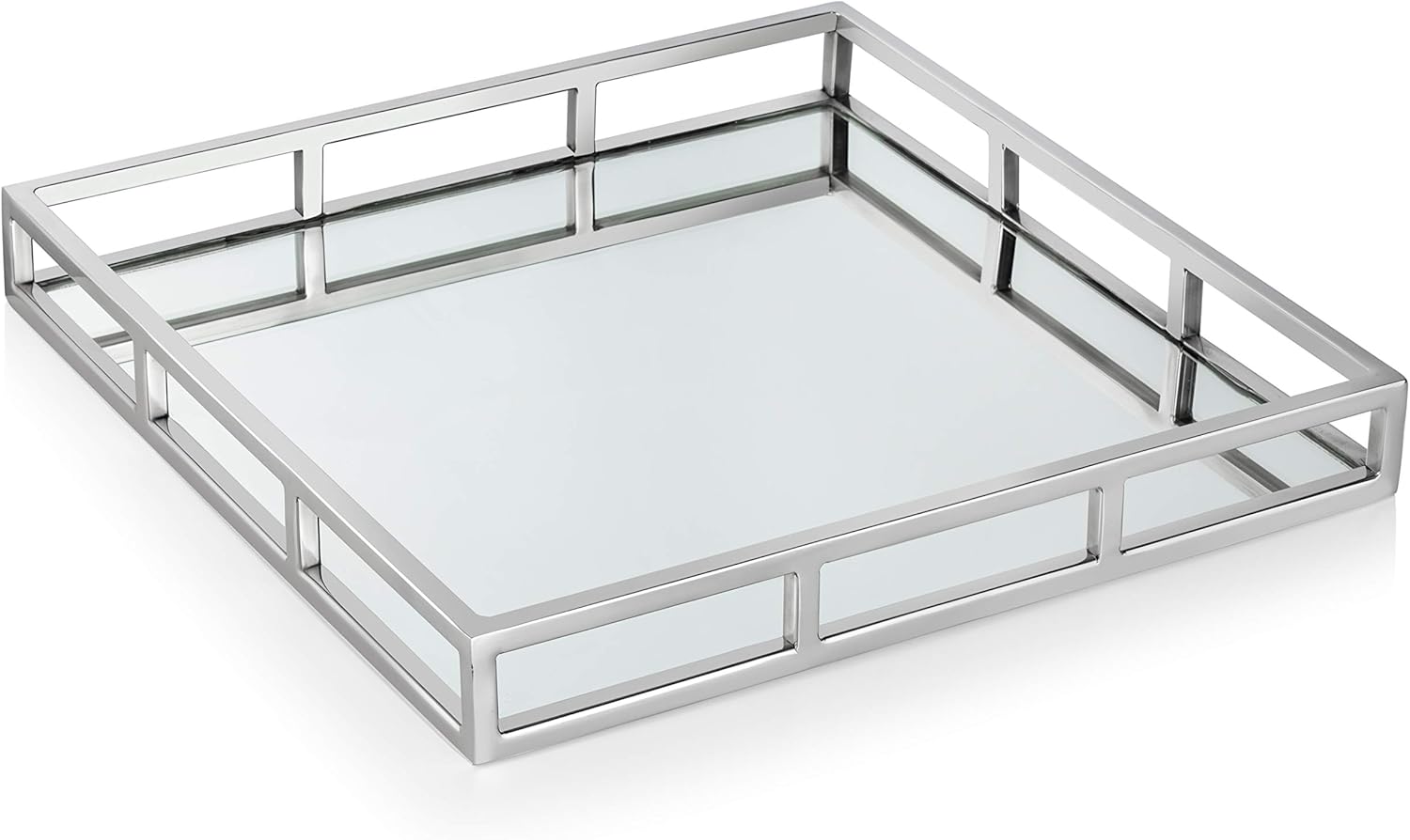 Square Mirror Tray with Mirror Base, Silver Color-Measures: 15.75" L