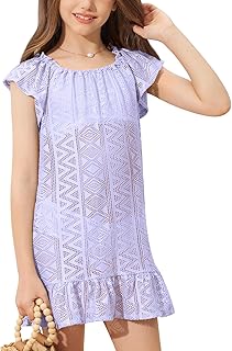 Girls Summer Hollow Out Beach Dress Off Shoulder Elastic Ruffle Short Sleeve Flowy Hem Bikini Coverups 6-14 Years - Buy now