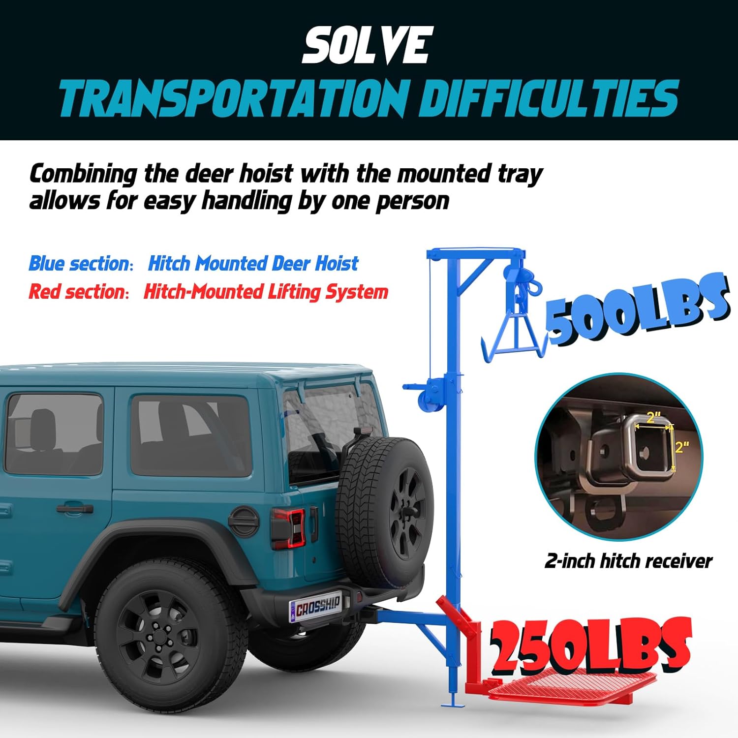 Truck Hitch Game Hunting Hoist with Lifting System - for 2'' Receiver, 360° Swivel Hitch Crane & Lift - Truck Bed Kit with Winch/Gambrel - 400lbc Hoist & 250lbc Lift 2in Hitch Hoist(Standard)