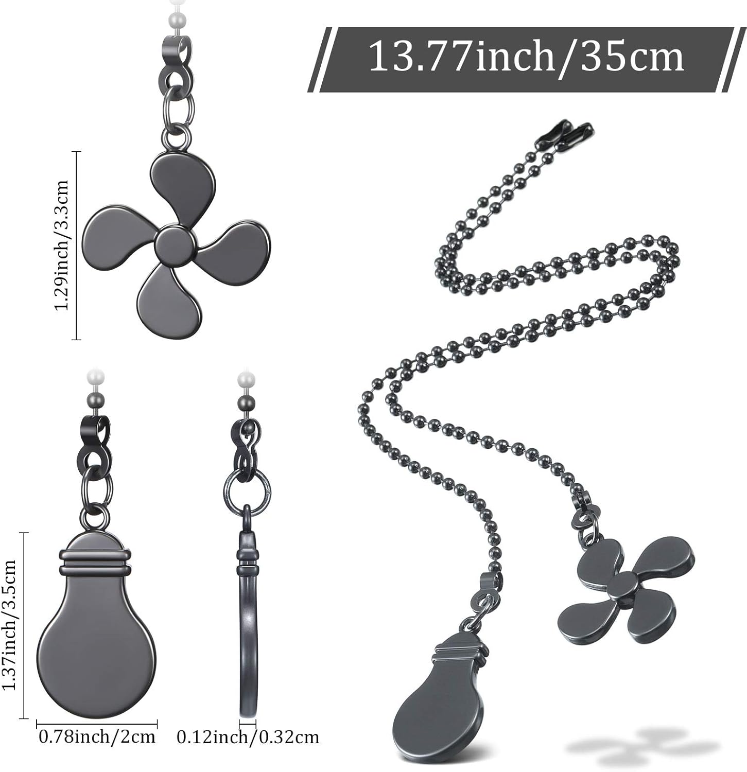 Ceiling Fan Pull Chain Fan Extension Chain Fan Chain Pulls Decorative 12 Inch Ceiling Fan Chain Extension Chain Extender Ornament with Fan and Light Bulb Chain Connector (4, Black) - - 