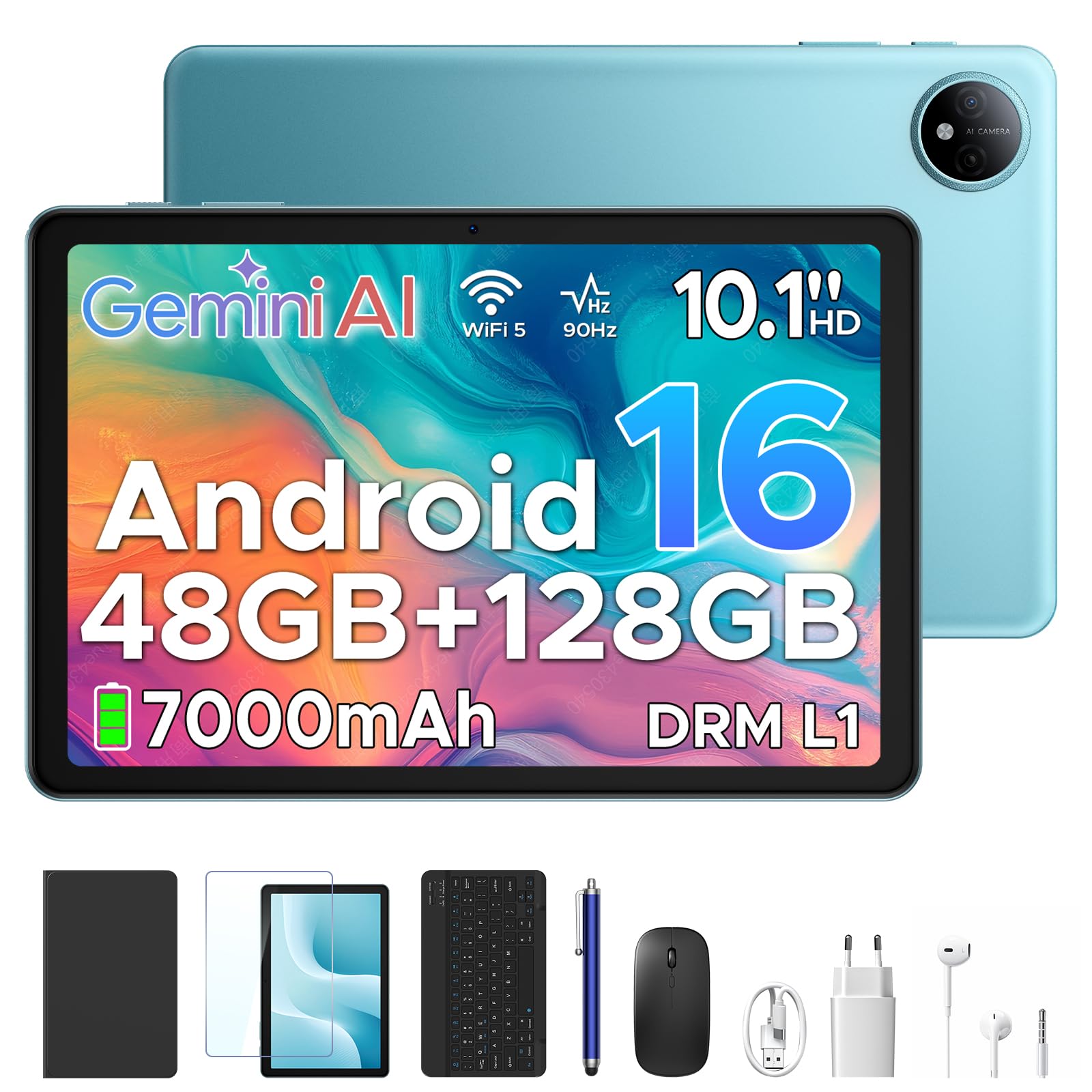 Luzglo P10 Android 16 Tablet 10 Pollici, 48GB RAM+128GB ROM/2TB TF, Gemini AI, 90Hz, 7000mAh, WiFi 5, Face ID, OTG, Jack 3,5 mm, Widevine L1, Tablet con Tastiera e Penna, Blu