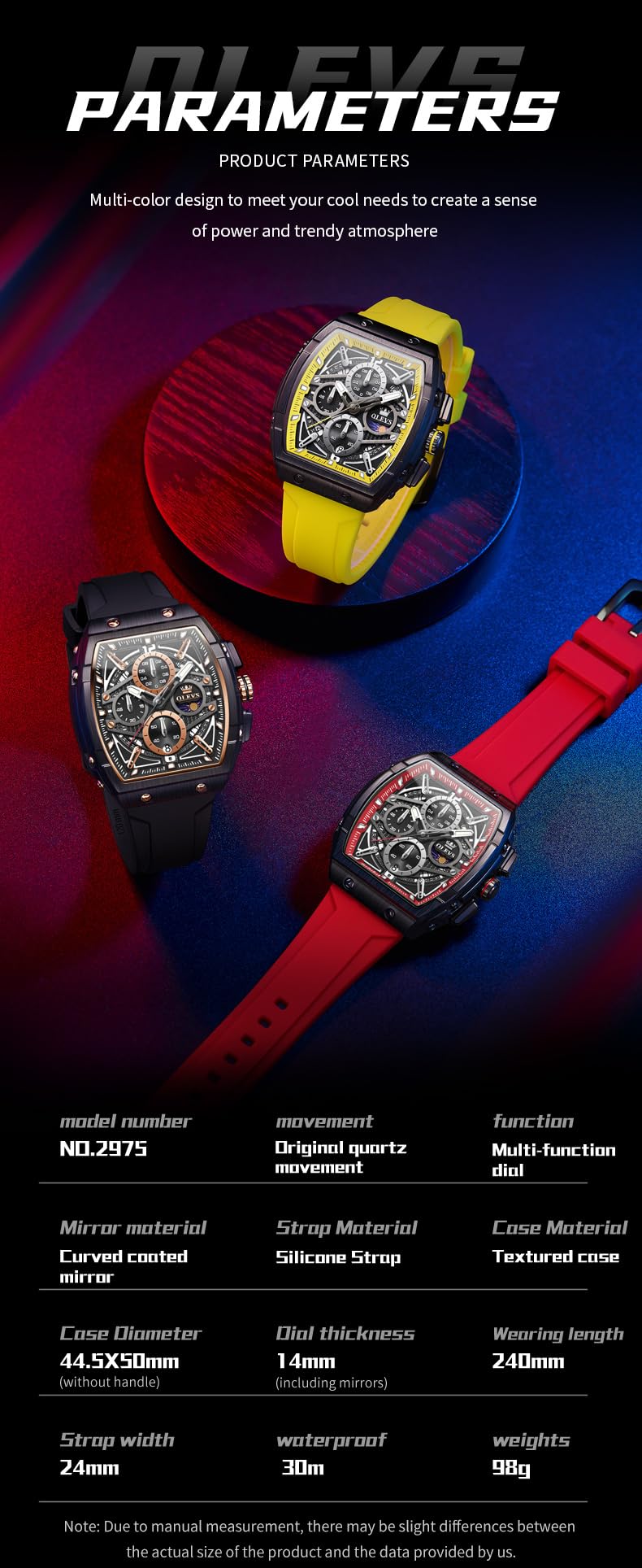 OLEVS Orologi da uomo, cronografo, grande, quadrato, al quarzo, analogico, cinturino in silicone, impermeabile, con data, orologio da polso da uomo