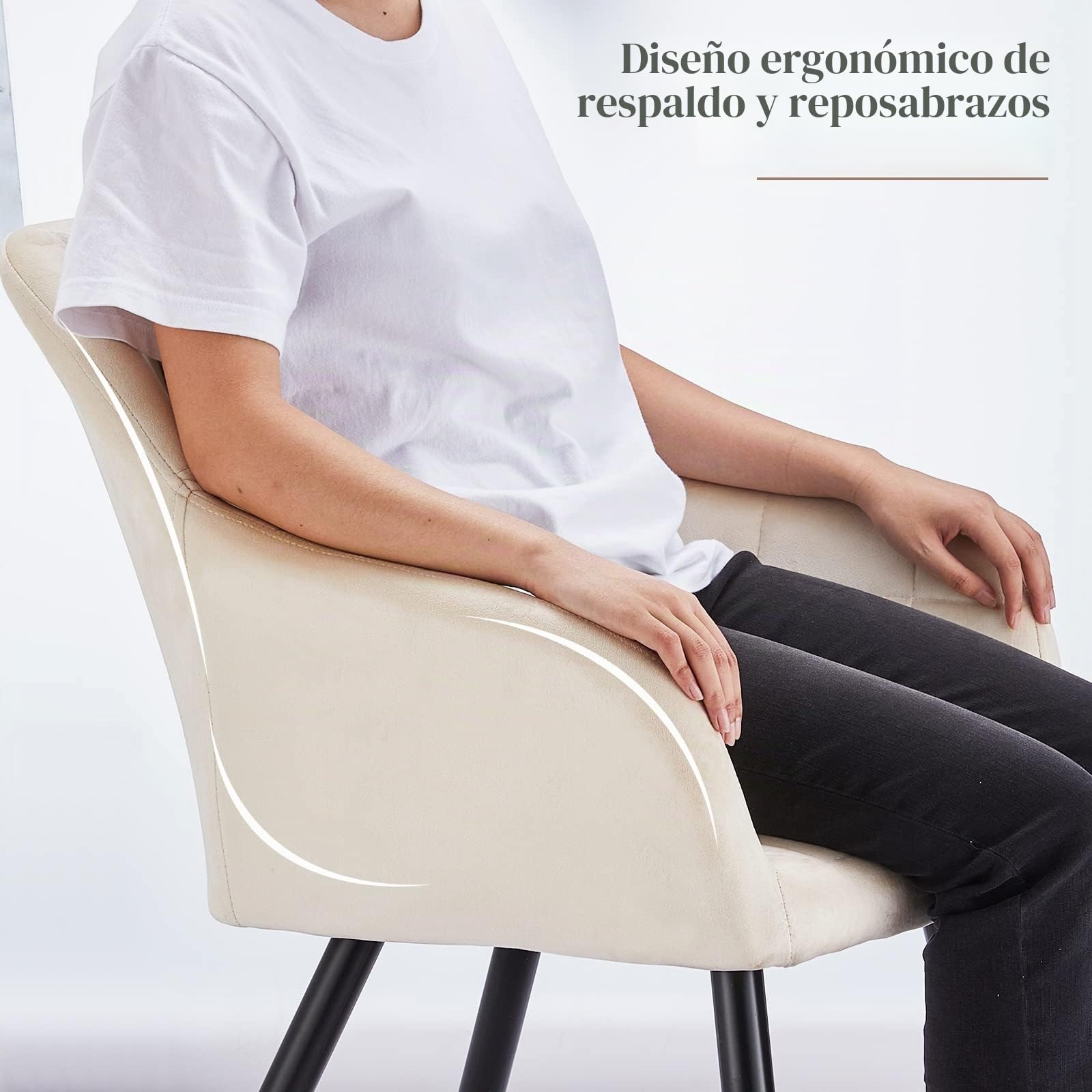 TUKAILAi Juego de 2 Sillas de Comedor Terciopelo con Reposabrazos, Silla Cocina Ergonómicos con Patas Metálicas, Sillón Tapizado Moderna en Tela para Salón (Beige)