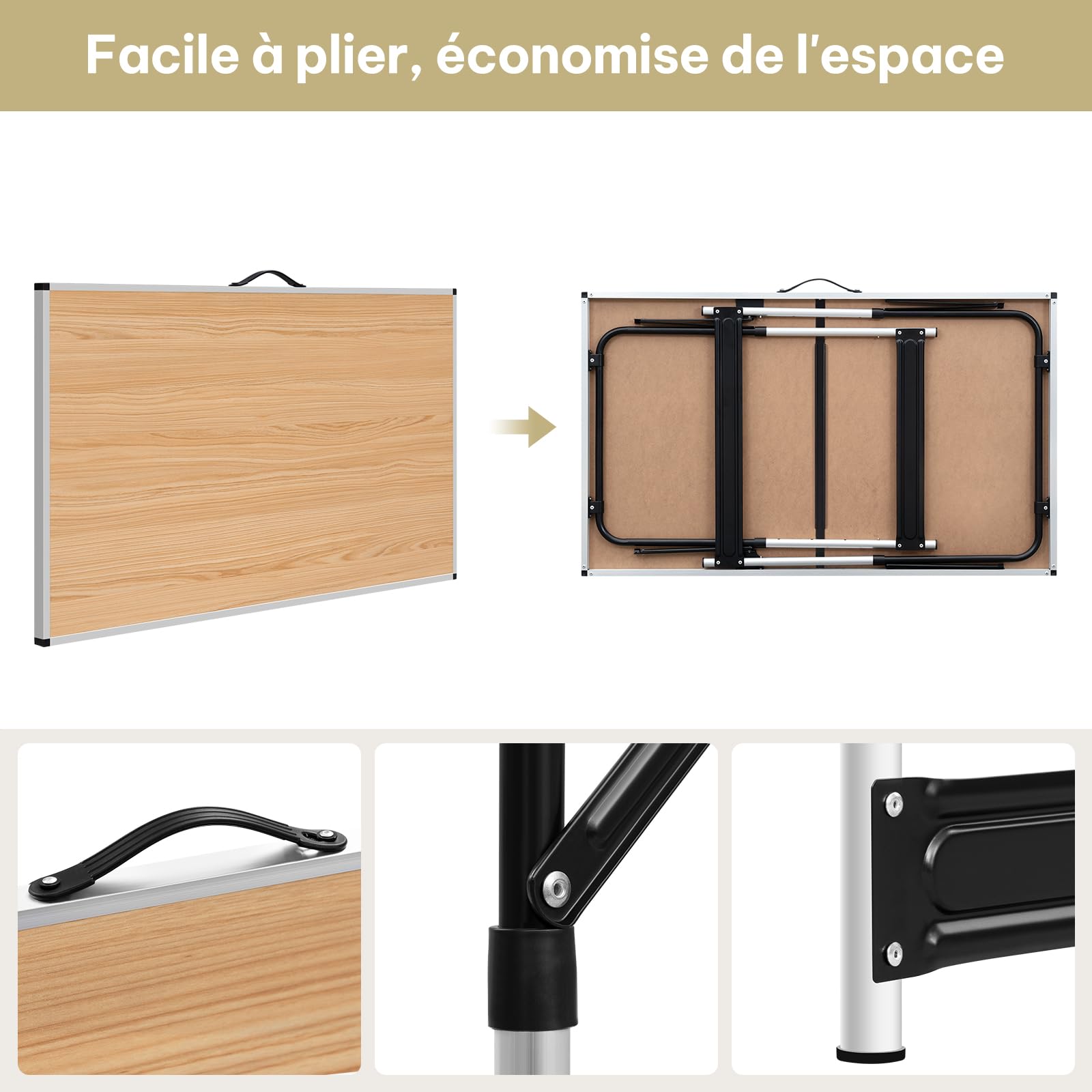 eSituro SCPT0006 Table de Jardin Pliable, Hauteur Réglable(73-94cm), Table Camping Rectangle en Aluminium,Chêne, Super Légre 100x60x94cm