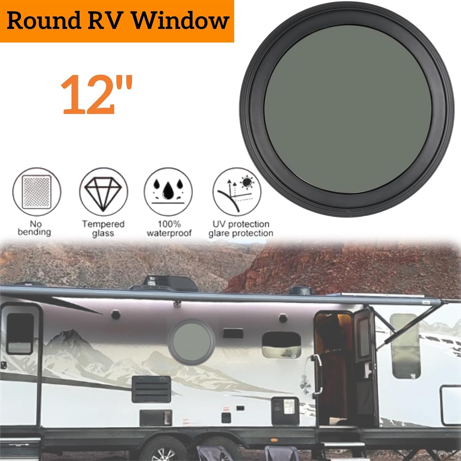 12" Round Tinted RV Window with Trim Ring - Fixed Replacement for Camper, Caravan, Motorhome - Fits 1-5/8" Wall Thickness Mixizap