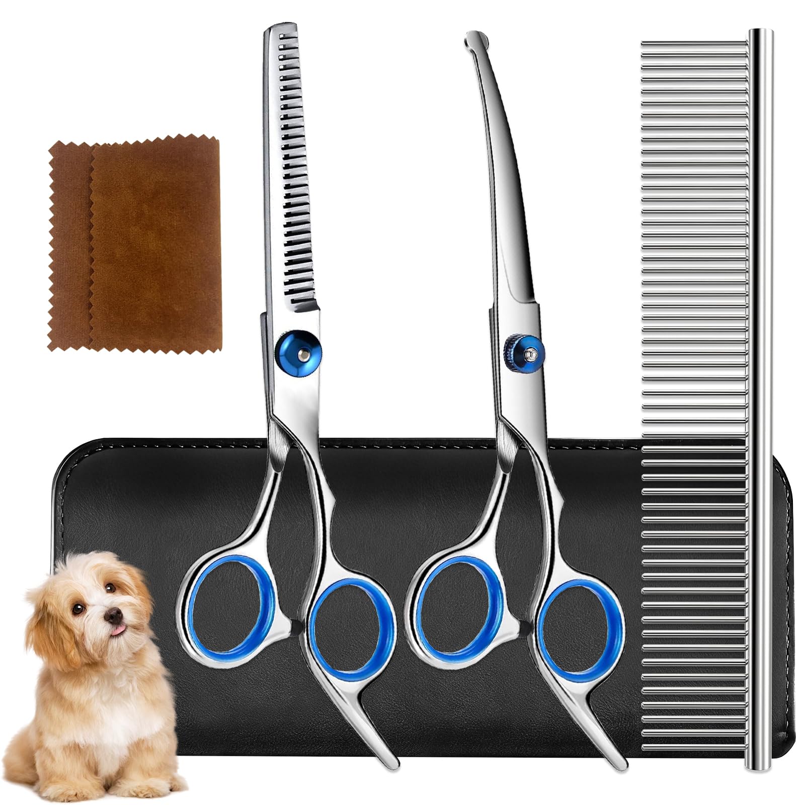 Soodyoow 5 Piece Dog Grooming Scissors Set Professional Stainless Steel Pet Hair Trimming Scissors with Safety Round Tips for Dogs Cats Home Use