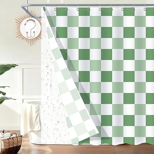 Miniatura 11 de Cortina de ducha a cuadros de ORTIGIA y juego de forro de PEVA, rosa y blanco, lindas cortinas de ducha retro a cuadros con 12 ganchos de metal