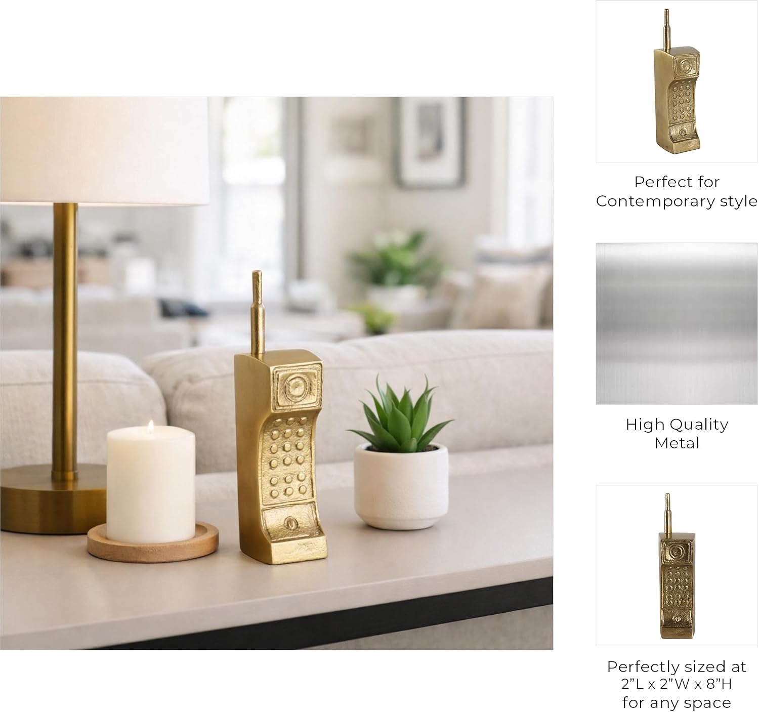Metal Cordless Phone Decorative Object for Home Decor - Ornaments for Bathroom, Office Desk, and Coffee Table - Vintage Inspired Accent for Shelf Display or Living Room Decor - 8", Gold