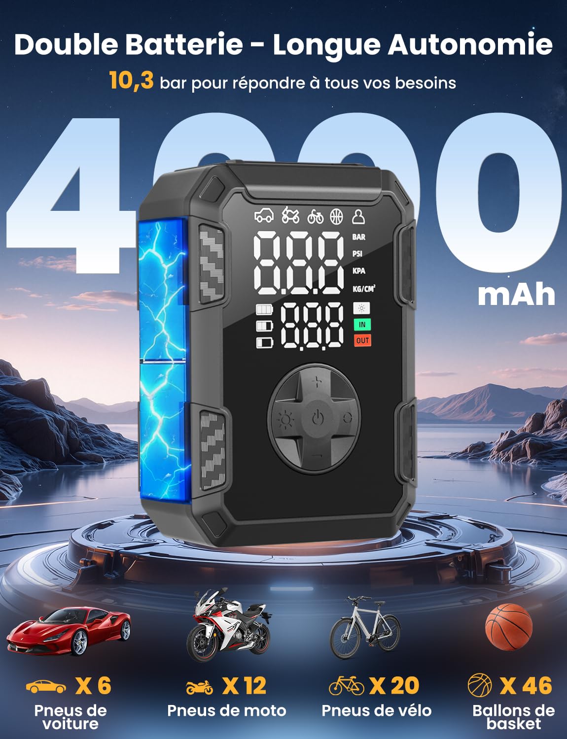 Oasser Gonfleur Pneus Voiture sans Fil Mini Compresseur à Air Portatif 150 PSI (10,3 Bar) Inflation Rapide Cylindre 19 mm Affiche 2 Valeurs Type-C USB Charge avec Tuyau de 30 cm et Sac de Rangement