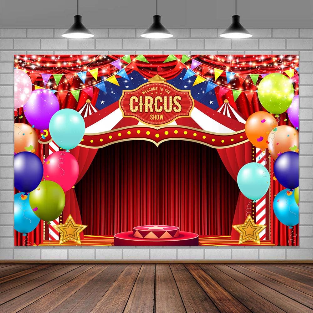 3,4 x 2,4 m sfondo rosso circo banner benvenuto al carnevale fondali fotografia circo tema bambini compleanno palloncino ritratto torta tavolo Decor Photo Booth puntelli studio fotografico sfondi foto