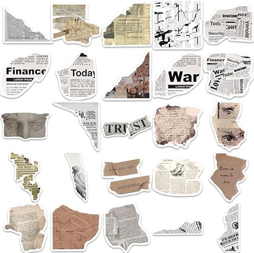 Miniatura 3 de Calcomanías de collage de periódicos de estilo vintage, calcomanías de arte de medios mixtos, blanco y negro, 50 piezas