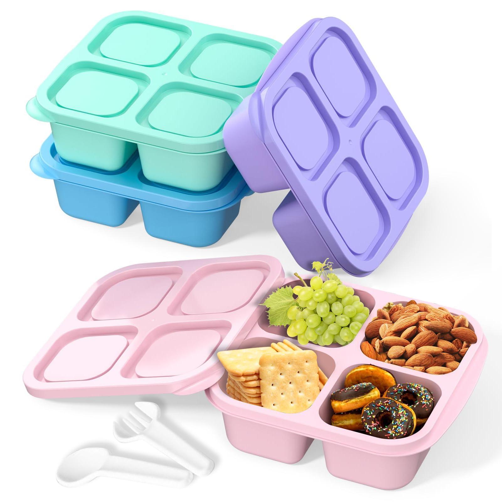 5 Contenitori Bento Per Snack 4 Scomparti - Lunchbox Riutilizzabili Con Coperchio Facile Per Bambini E Adulti, Per Scuola, Lavoro E Viaggi (5 Colori)