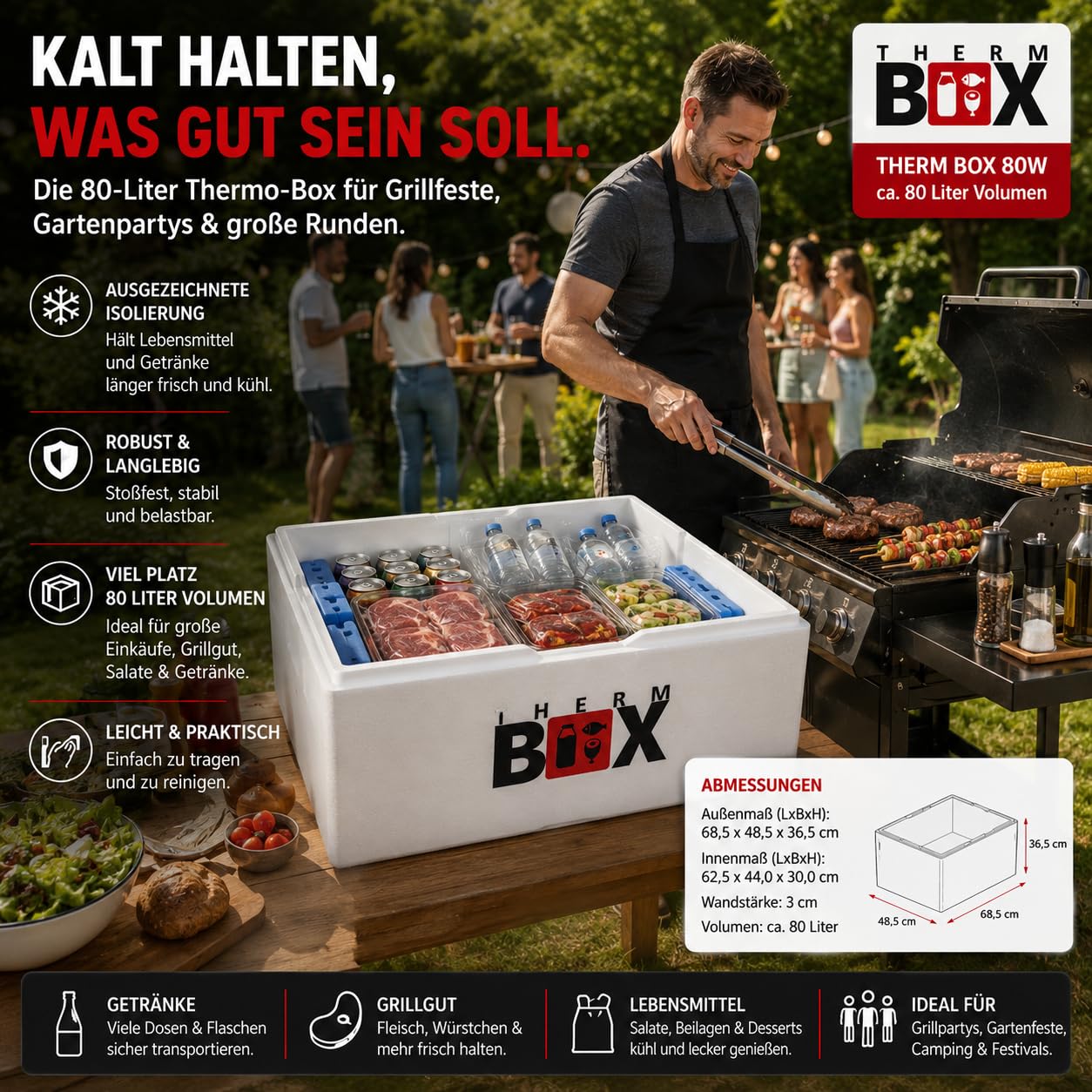 THERM BOX Scatola in polistirolo da 80 W, 80 litri, per scatola E3, per interni, 62,5 x 44 x 30 cm, spessore della parete 3 cm, contenitore termico, contenitore termico, contenitore termico E3